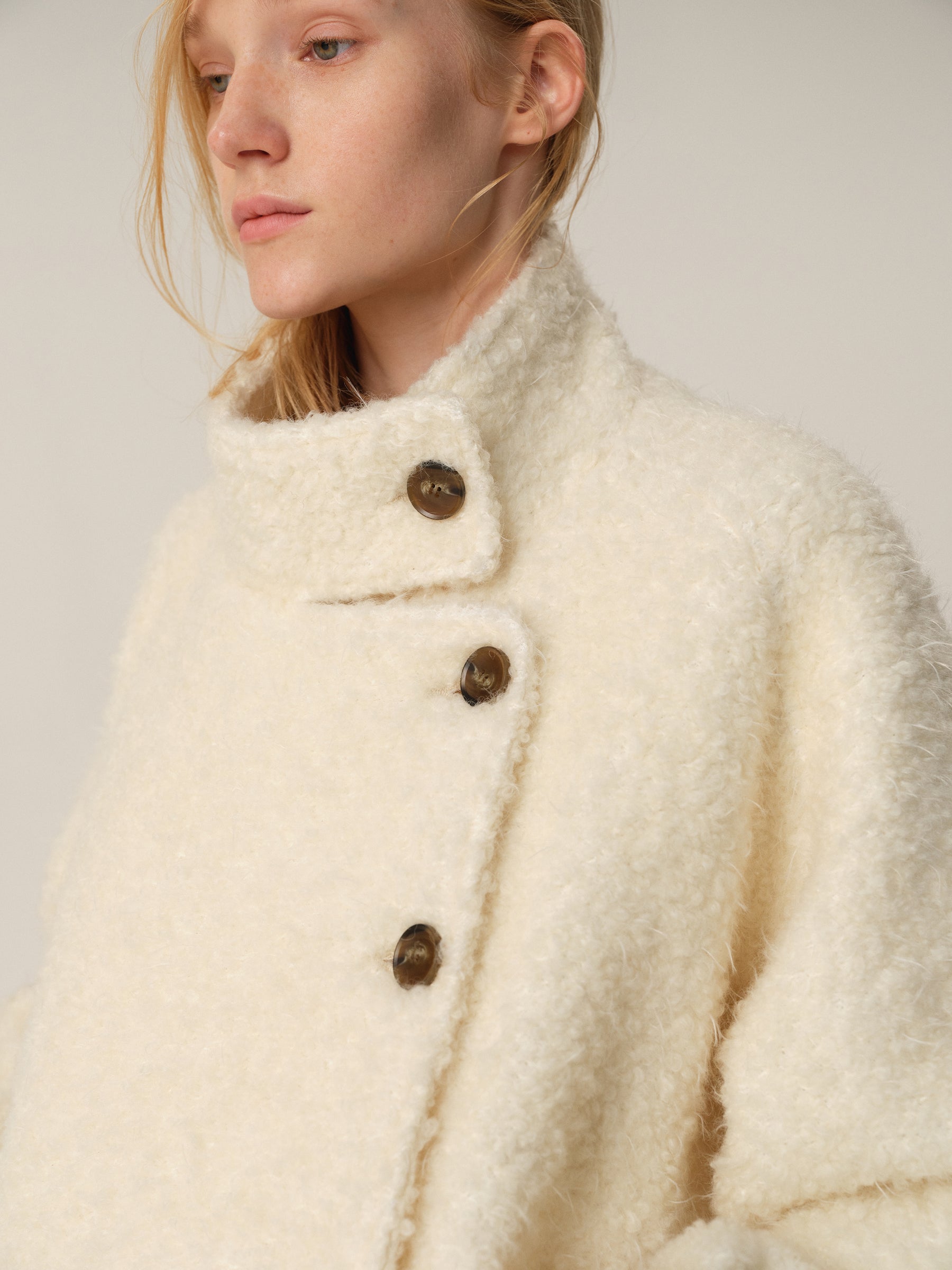 Brushed Wool Puffy Low-Rise Belted Stand Collar Coat off white