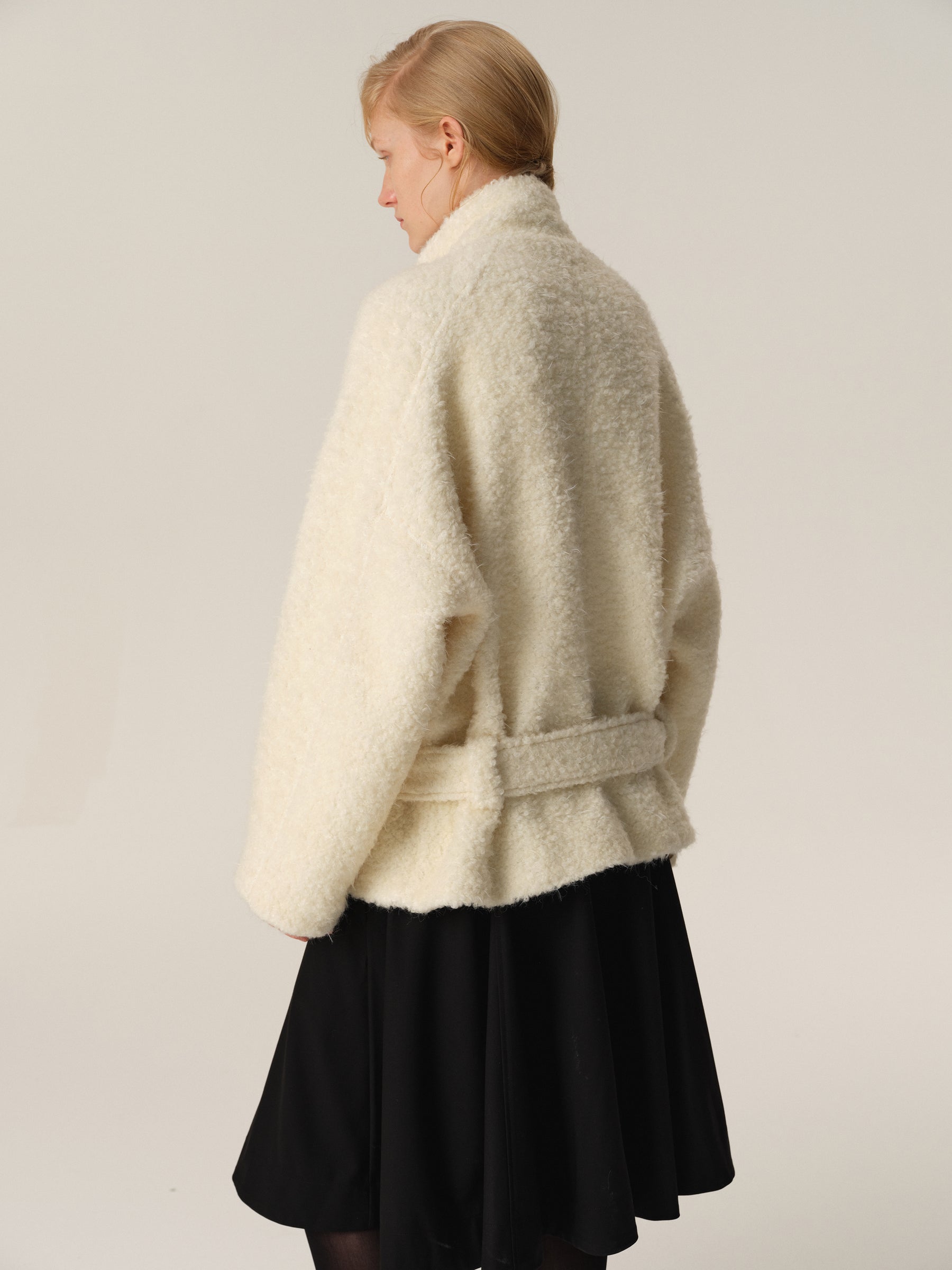 Brushed Wool Puffy Low-Rise Belted Stand Collar Coat off white