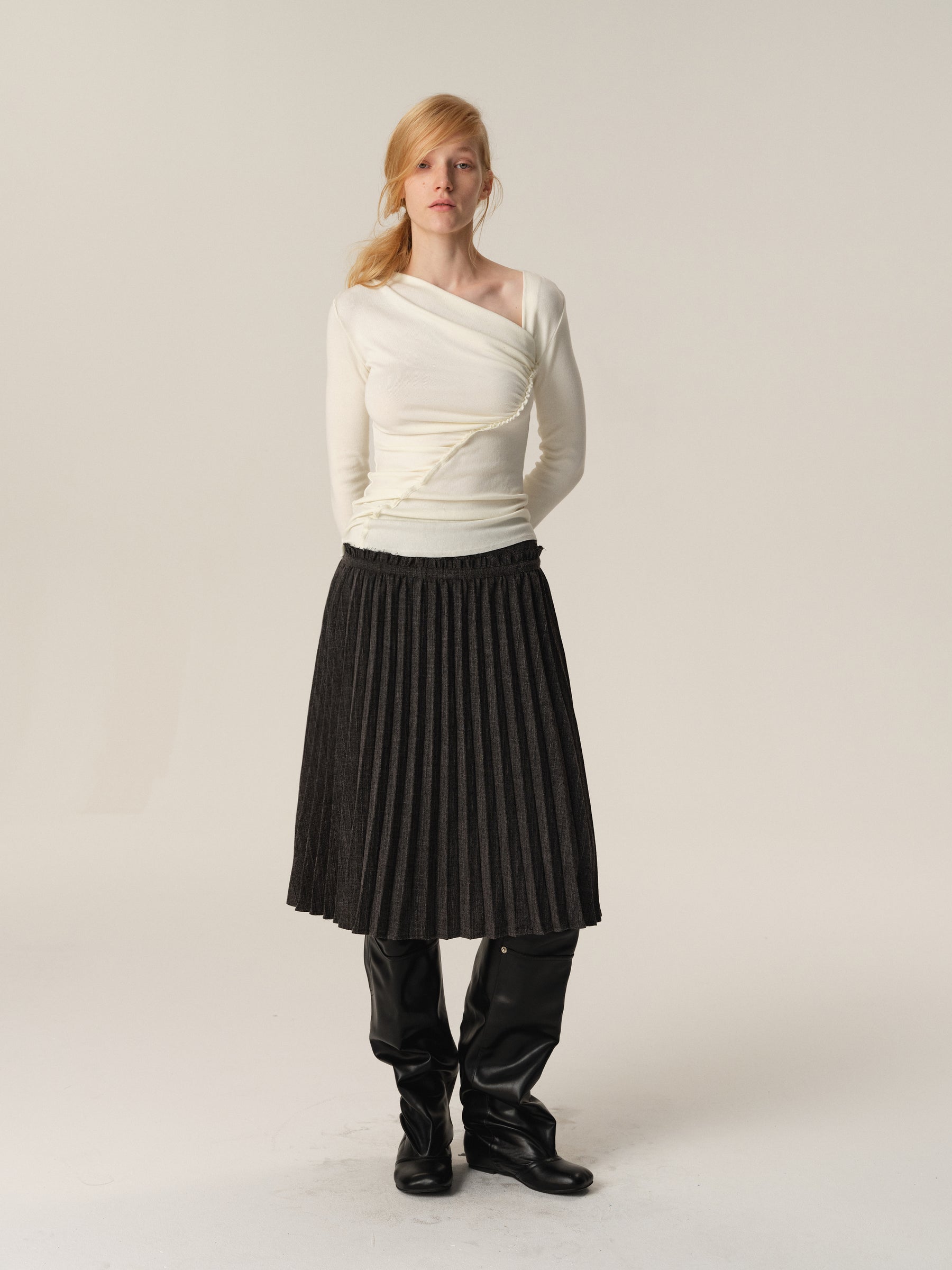 Angora Blend Diagonal Pleated Long-Sleeve Blouse white