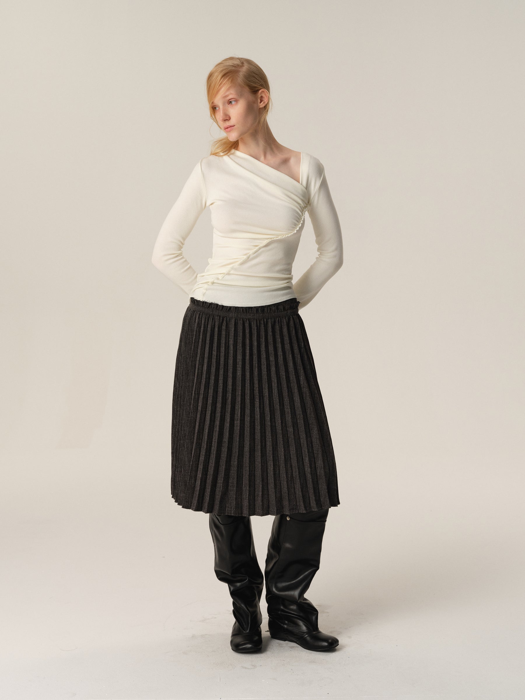 Angora Blend Diagonal Pleated Long-Sleeve Blouse white