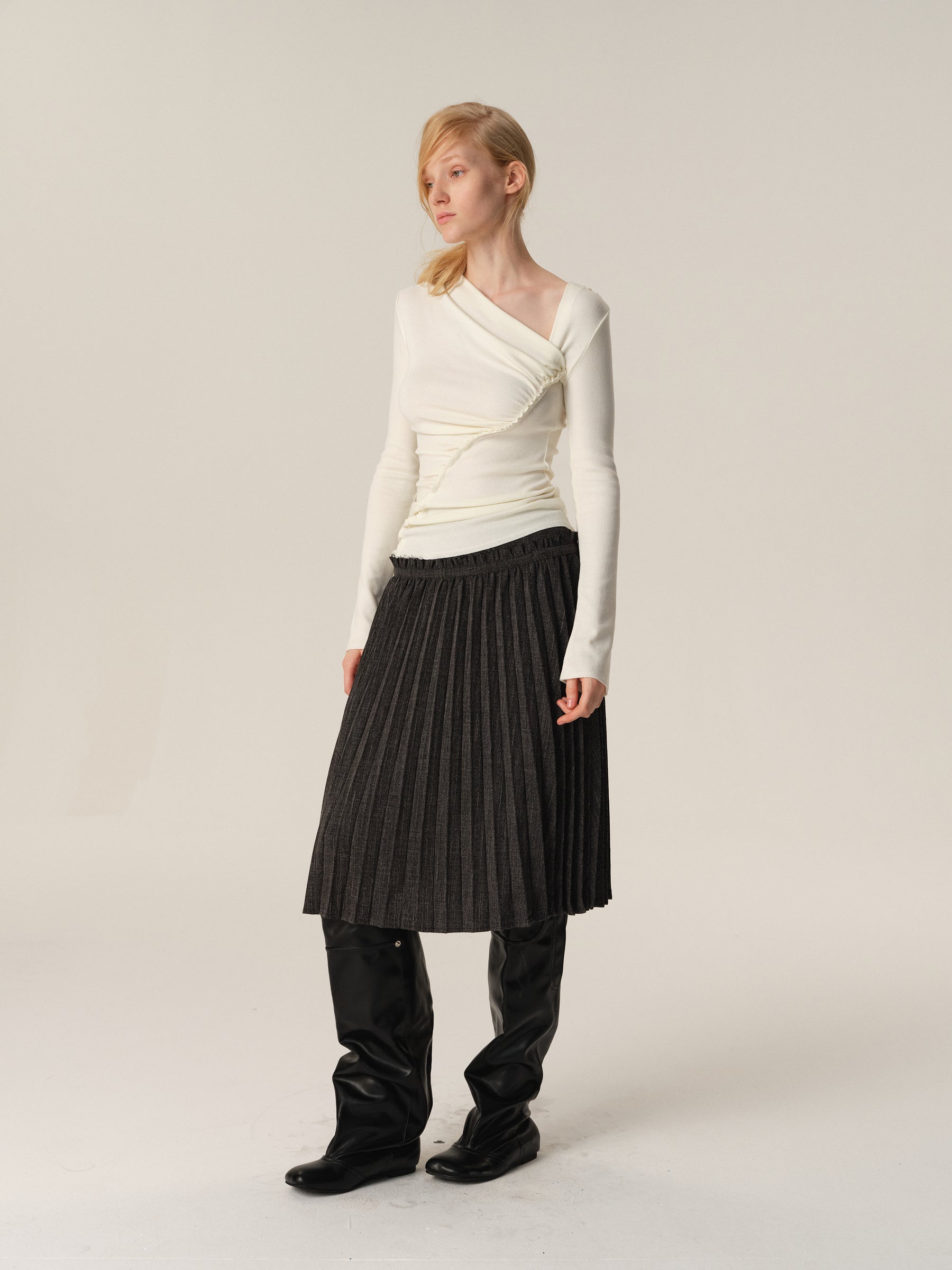 Angora Blend Diagonal Pleated Long-Sleeve Blouse white