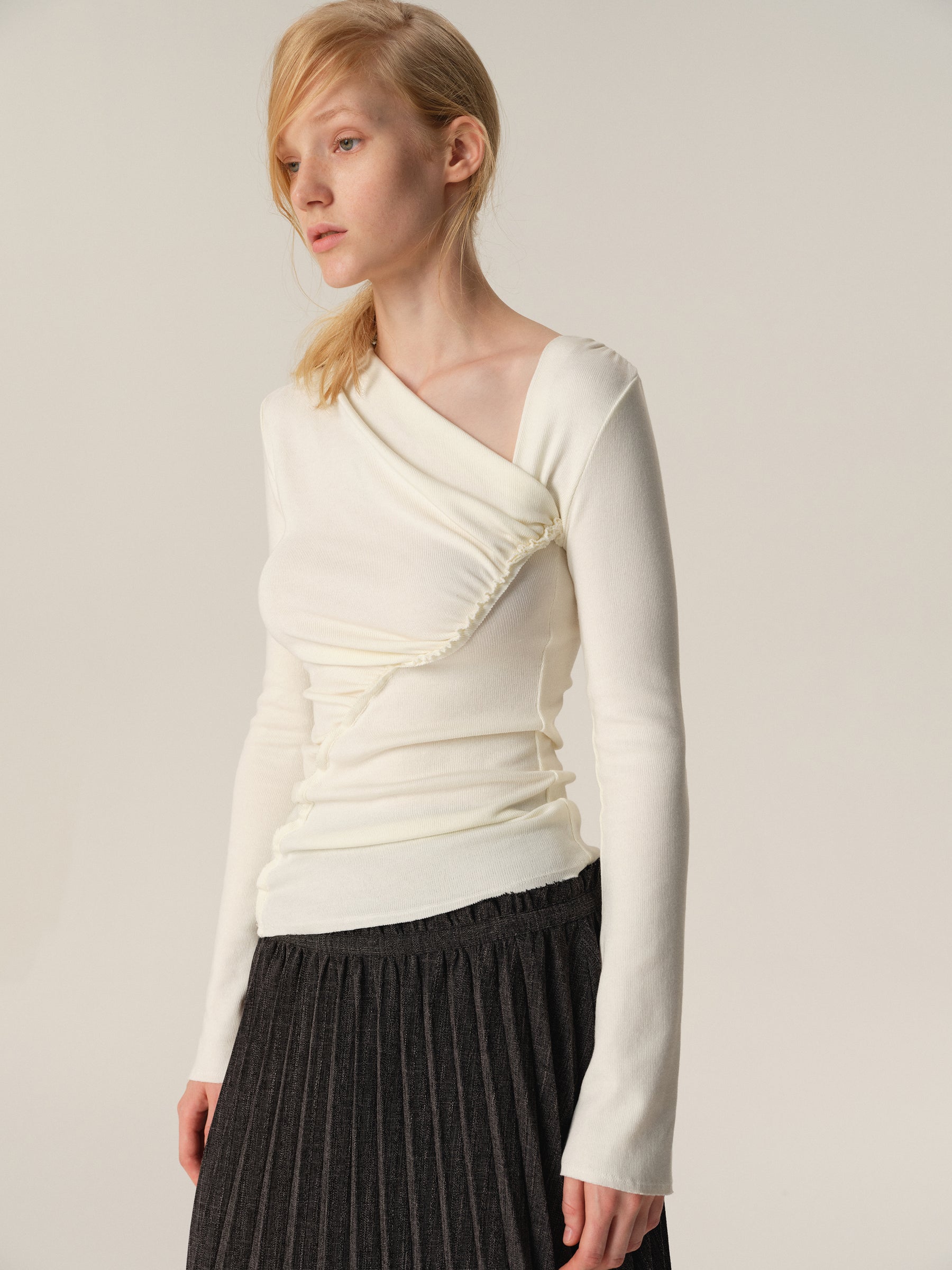 Angora Blend Diagonal Pleated Long-Sleeve Blouse white