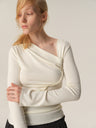 Angora Blend Diagonal Pleated Long-Sleeve Blouse white