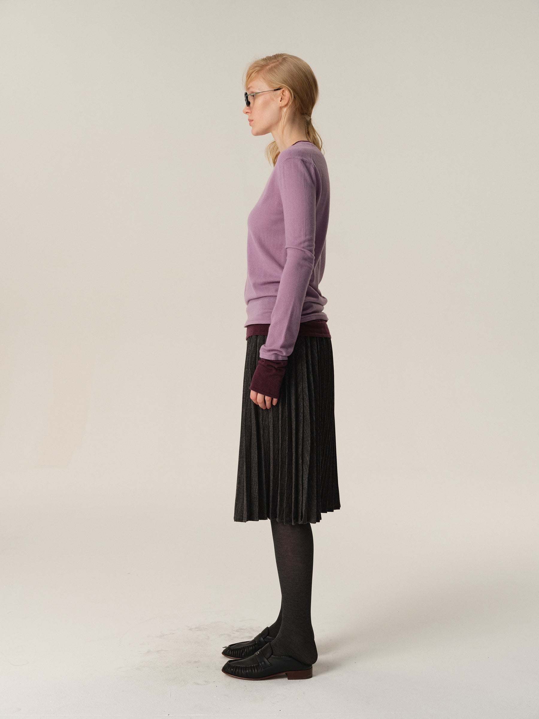 100% Merino Wool Color-Block Mock Two-Piece Knit Sweater purple