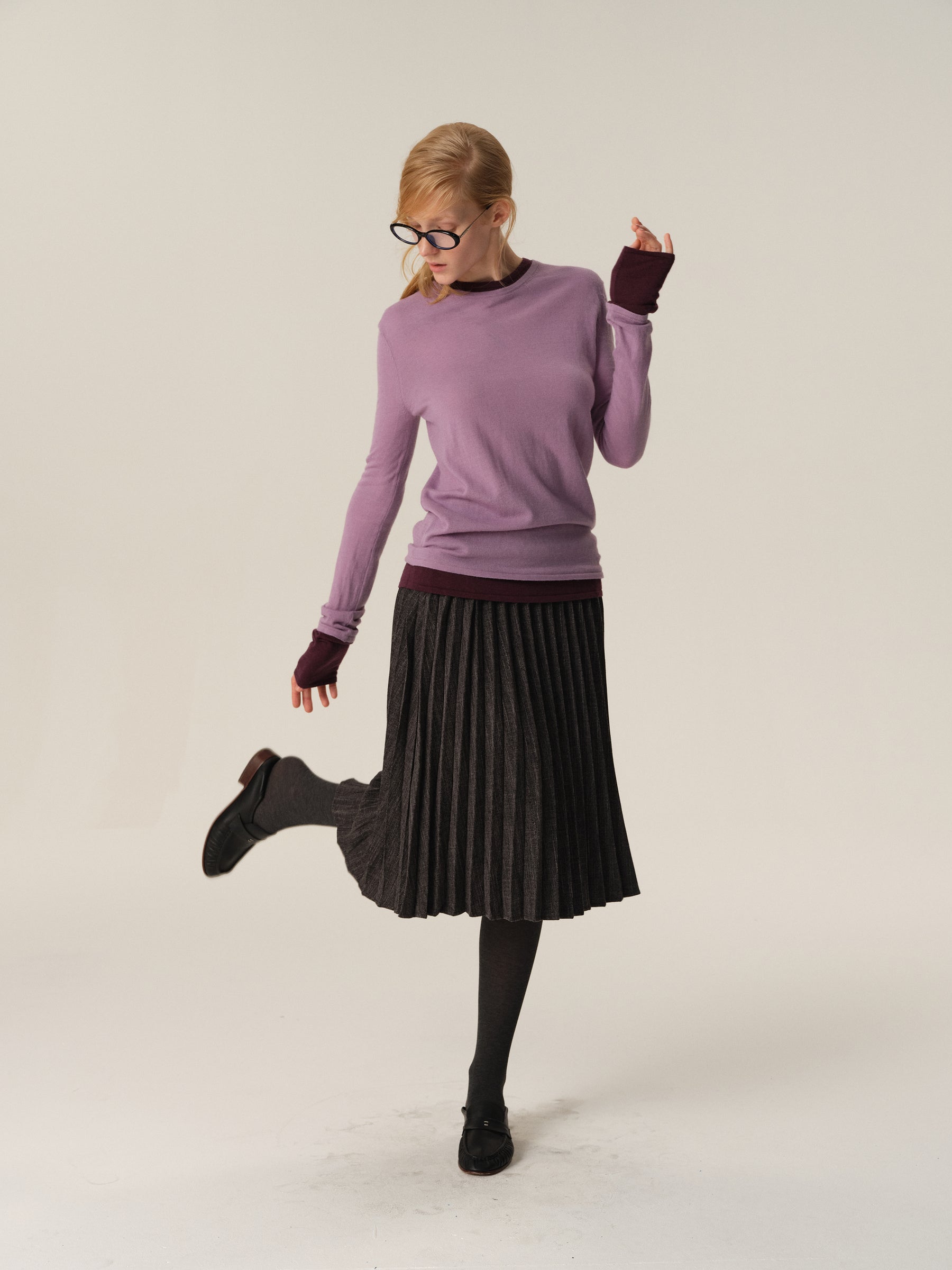 100% Merino Wool Color-Block Mock Two-Piece Knit Sweater purple