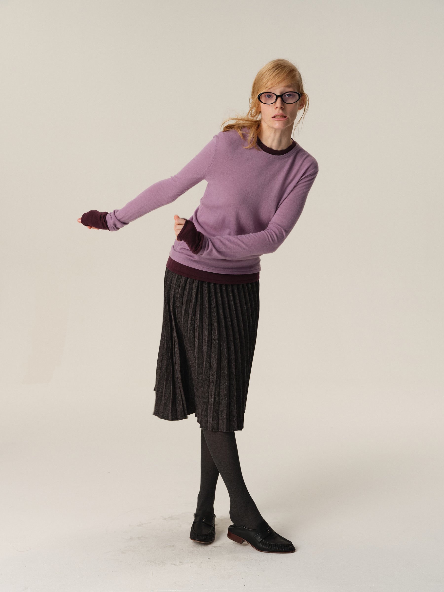 100% Merino Wool Color-Block Mock Two-Piece Knit Sweater purple