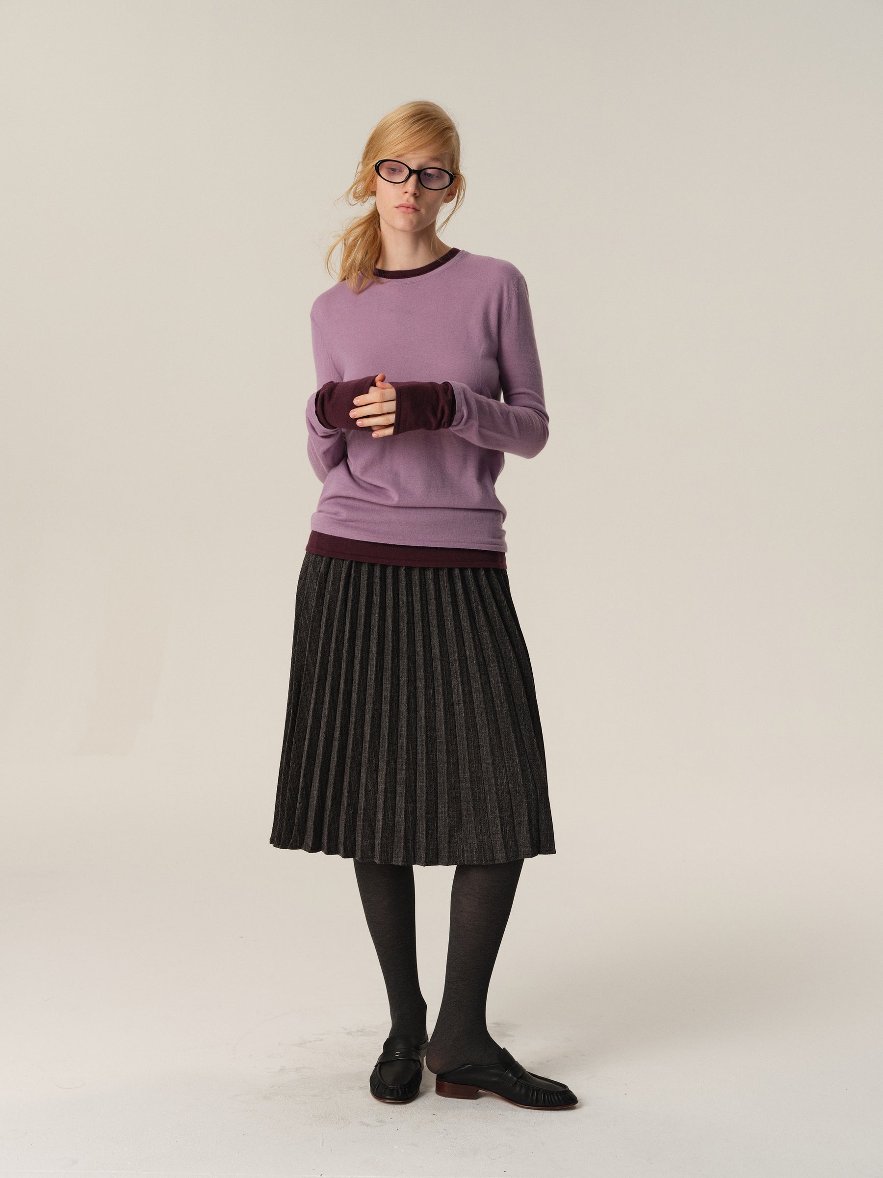 100% Merino Wool Color-Block Mock Two-Piece Knit Sweater purple