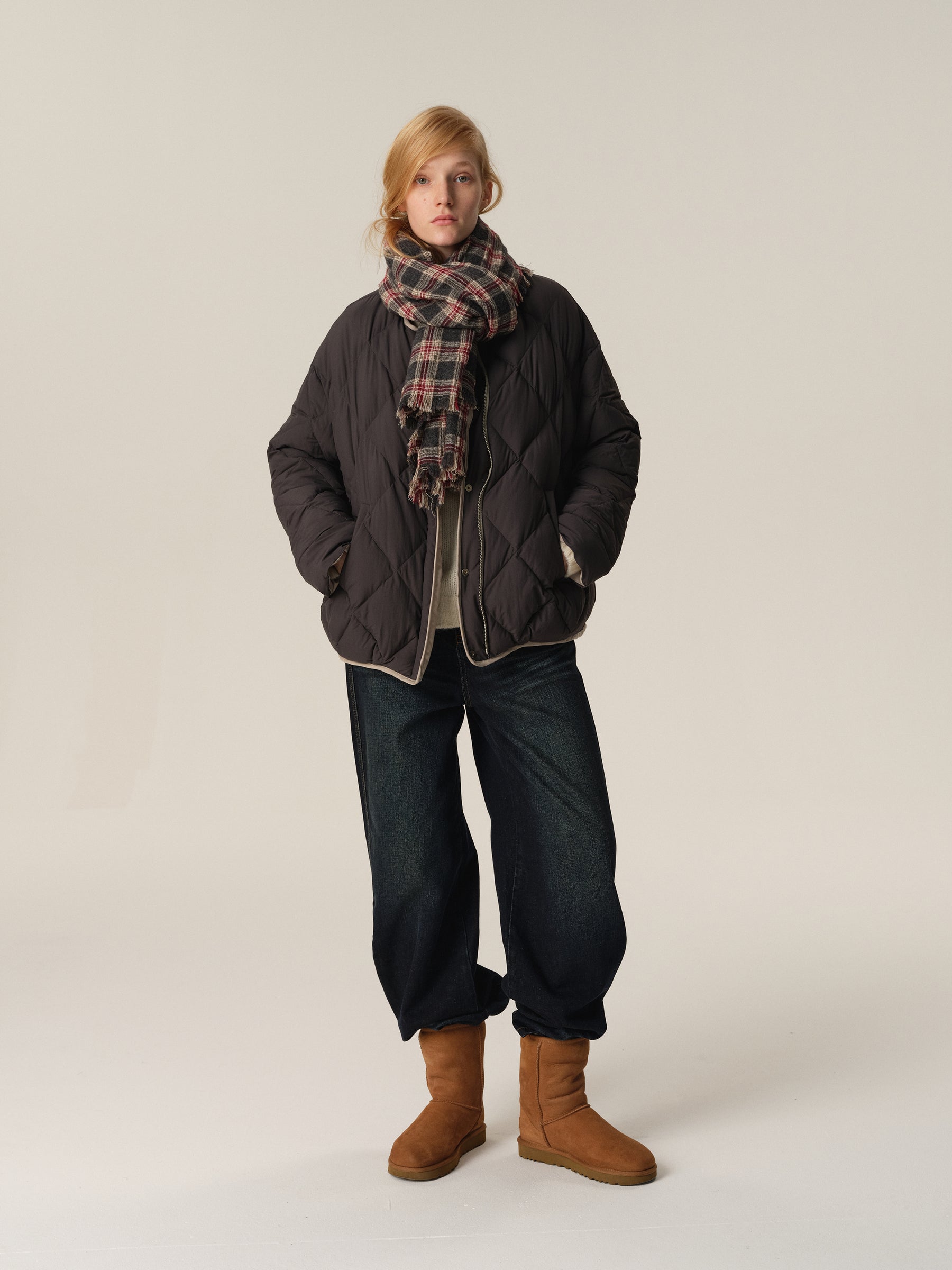 Diamond Quilt Reversible Crewneck Puffer Jacket black diamond quilt