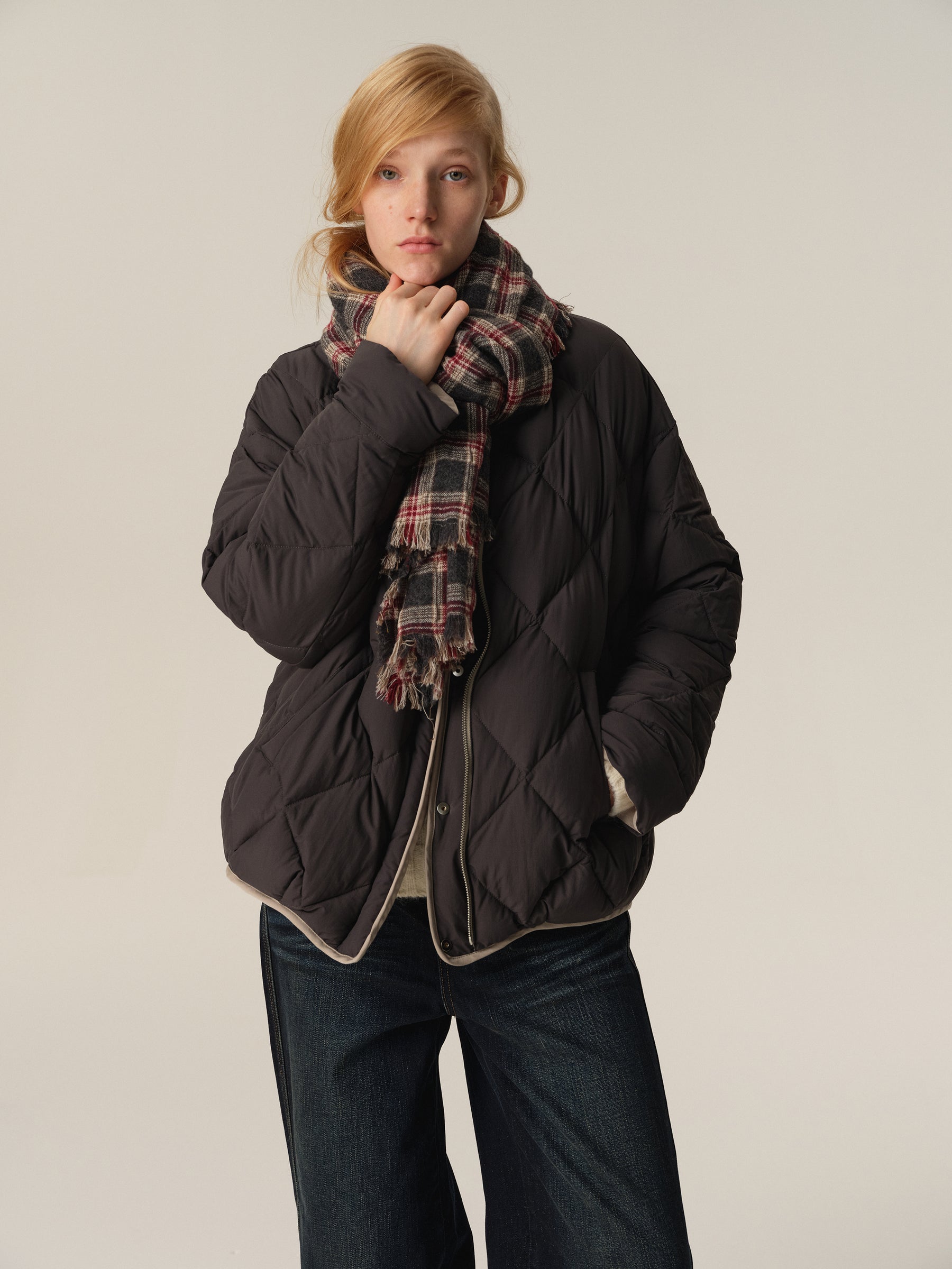 Diamond Quilt Reversible Crewneck Puffer Jacket black diamond quilt