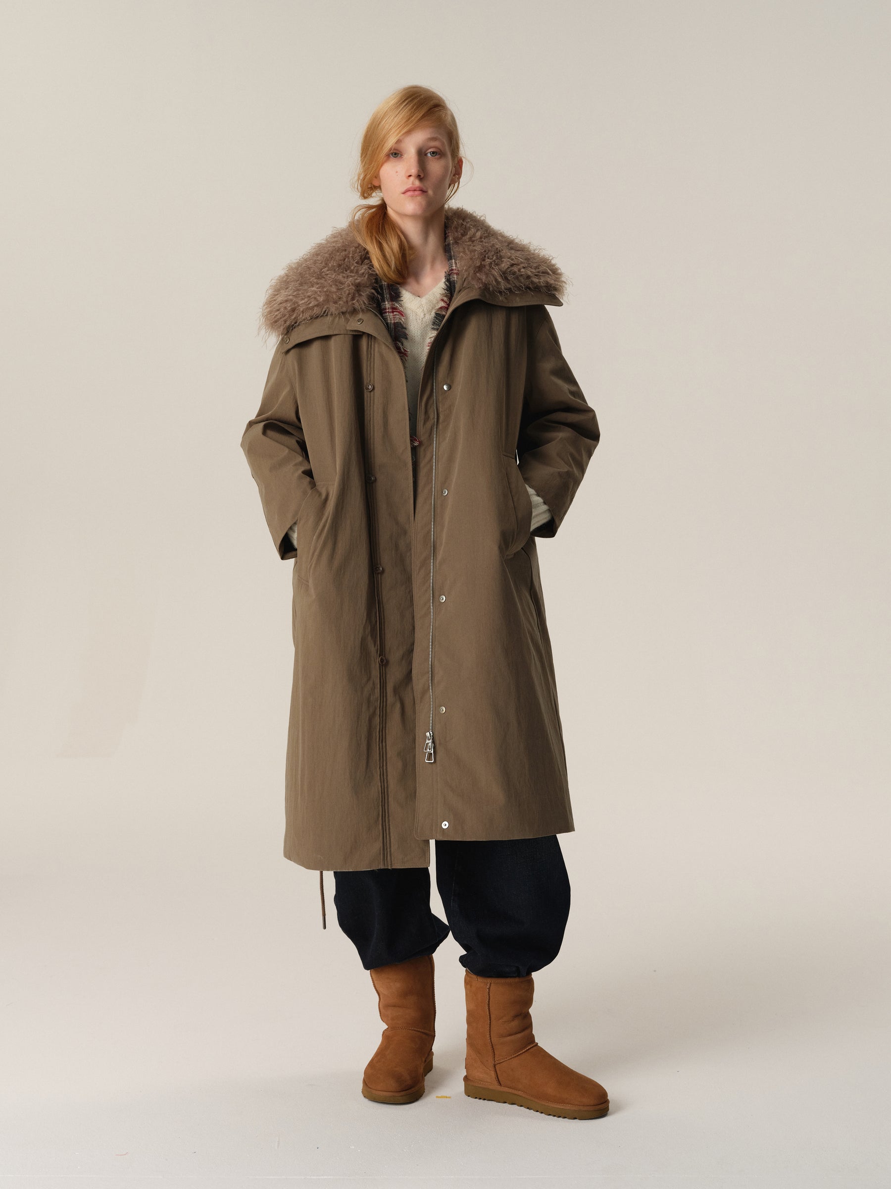 Detachable Fur Hood Utility Long Puffer Coat sage green