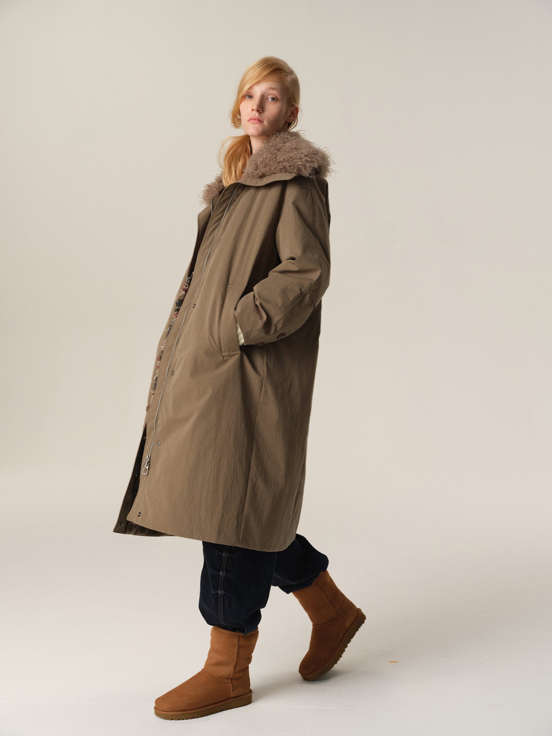 Detachable Fur Hood Utility Long Puffer Coat sage green