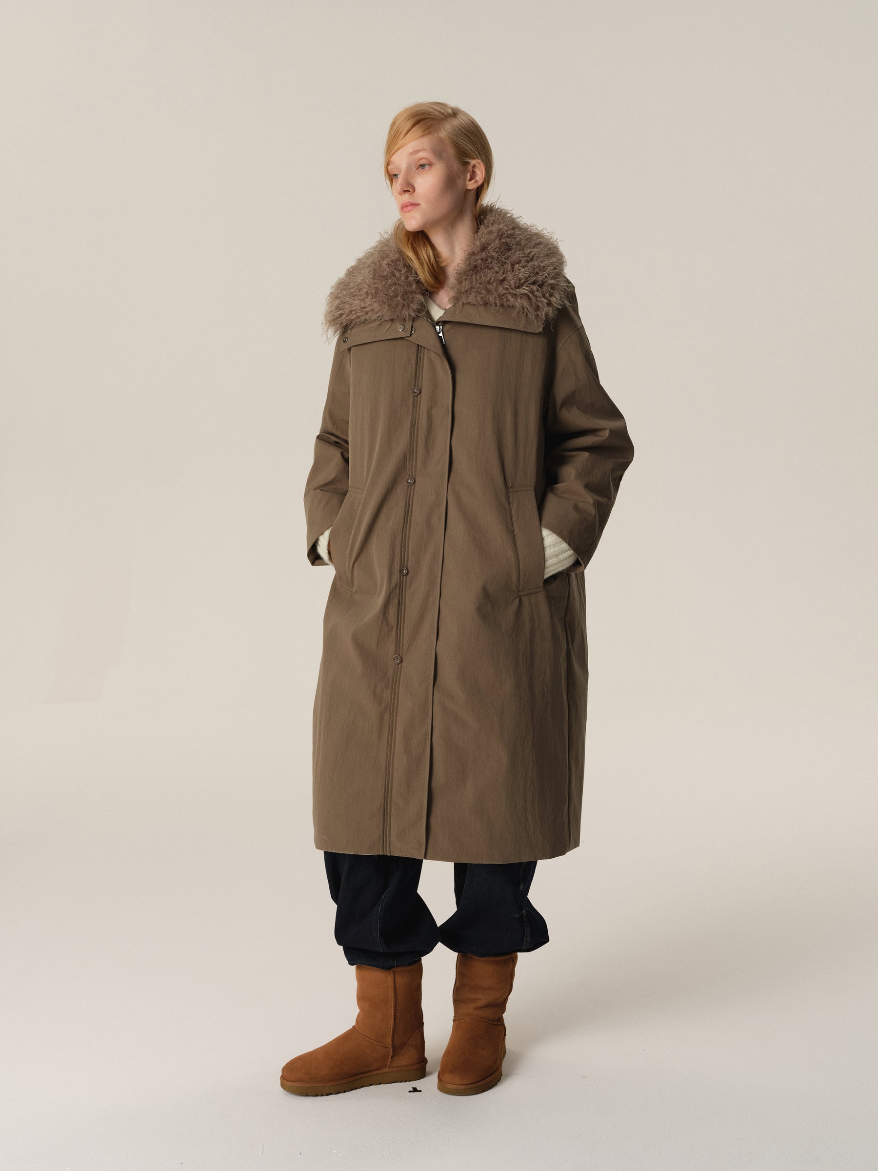 Detachable Fur Hood Utility Long Puffer Coat sage green
