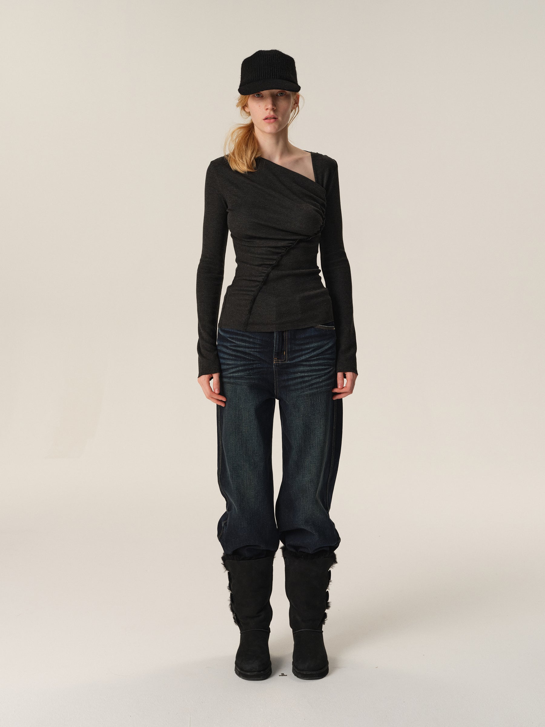 Angora Blend Diagonal Pleated Long-Sleeve Blouse gary