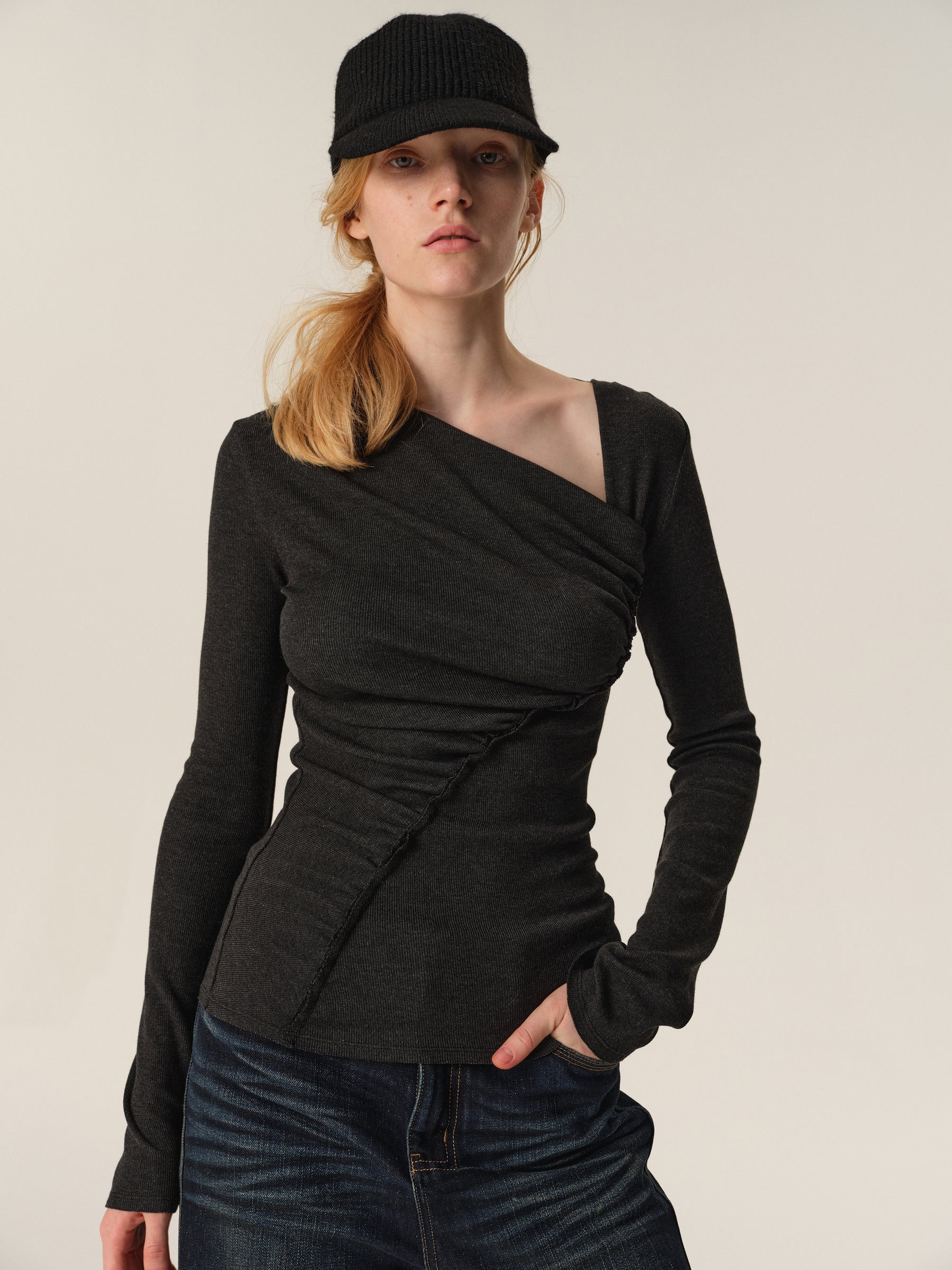 Angora Blend Diagonal Pleated Long-Sleeve Blouse gary