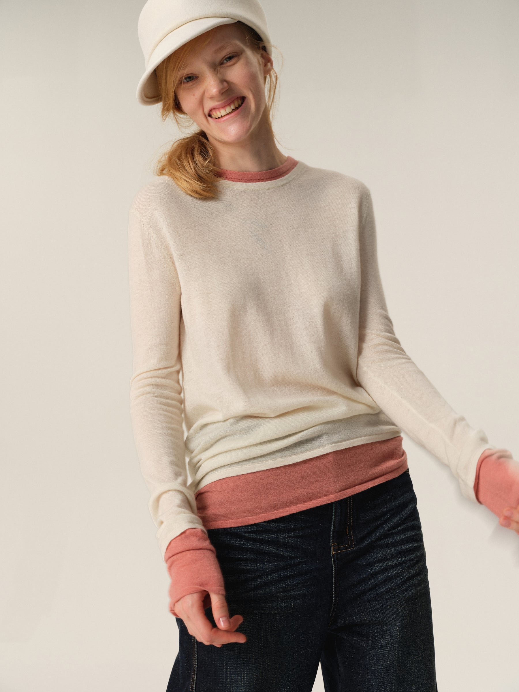 100% Merino Wool Color-Block Mock Two-Piece Knit Sweater apricot pink