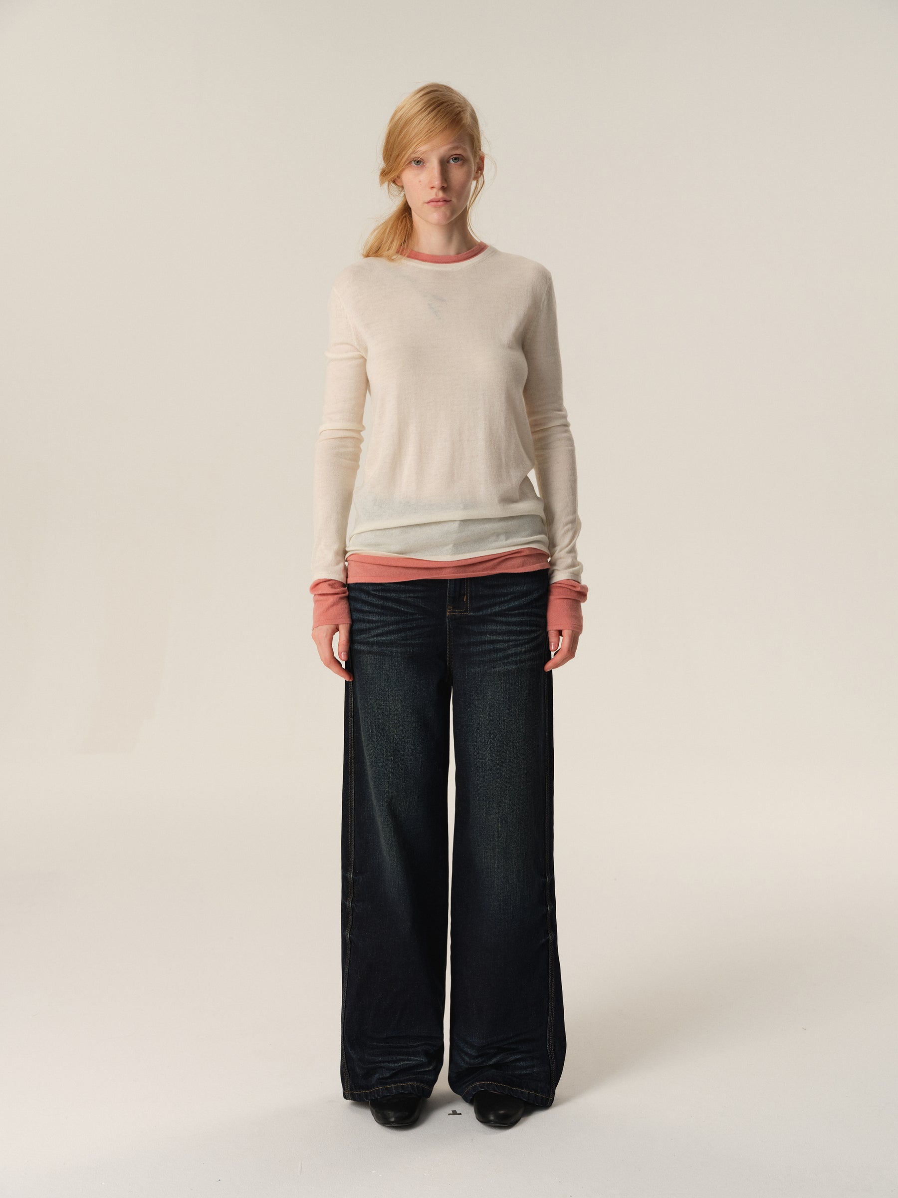 100% Merino Wool Color-Block Mock Two-Piece Knit Sweater apricot pink