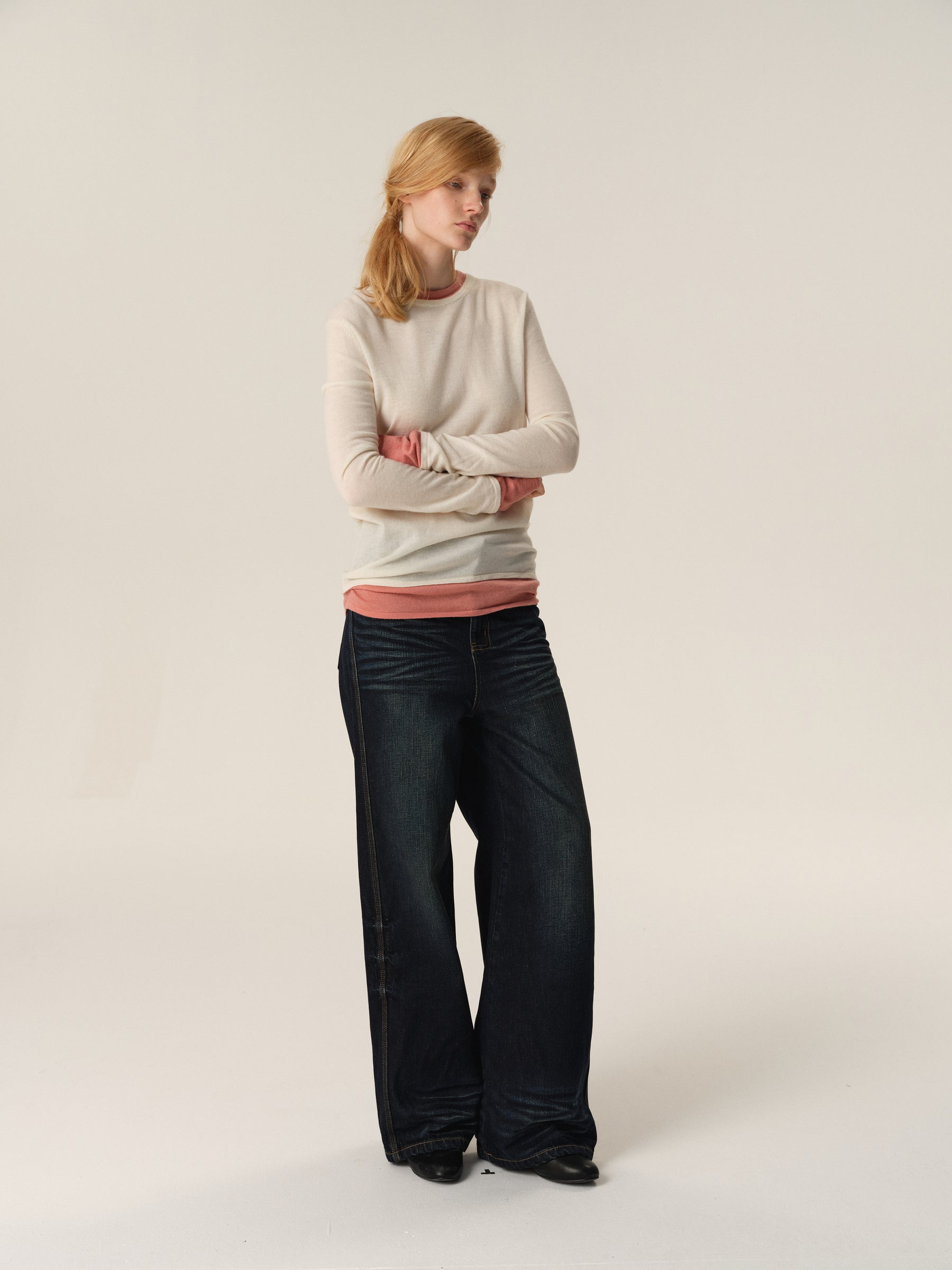 100% Merino Wool Color-Block Mock Two-Piece Knit Sweater apricot pink