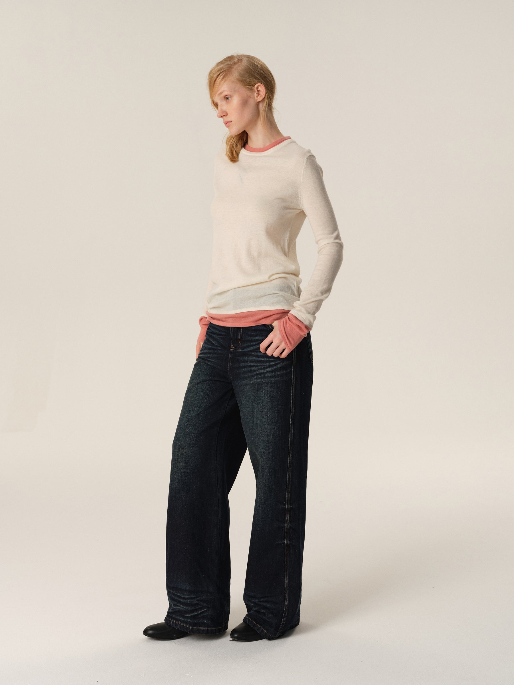 100% Merino Wool Color-Block Mock Two-Piece Knit Sweater apricot pink