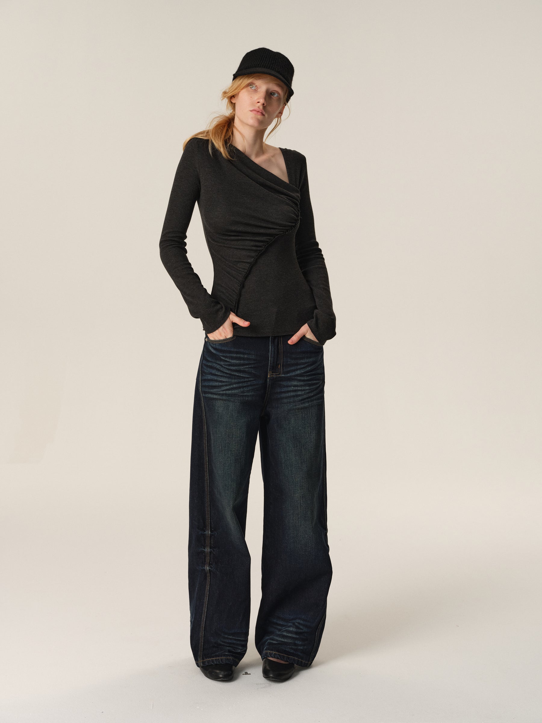 Angora Blend Diagonal Pleated Long-Sleeve Blouse gary