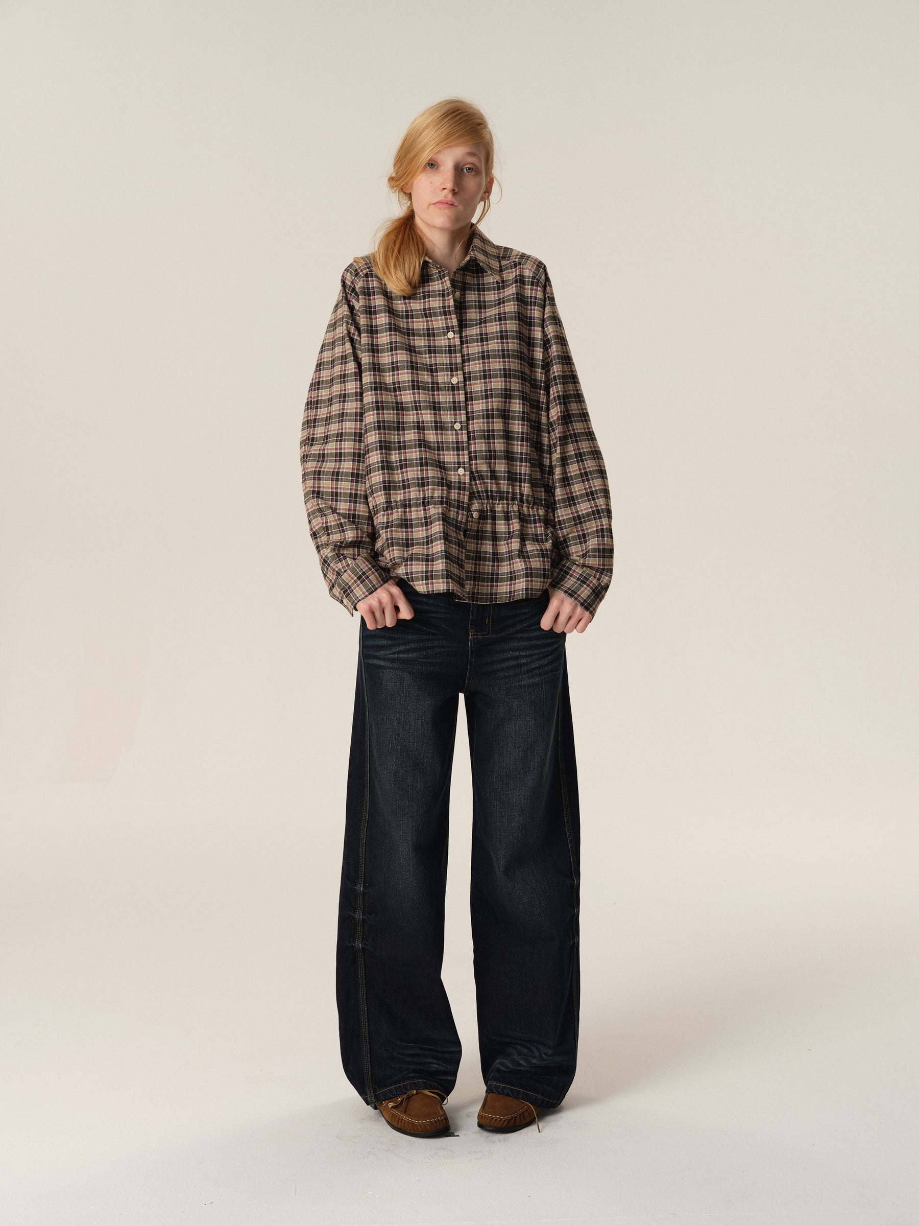 Drawstring Waist Oversized Check Shirt purple check