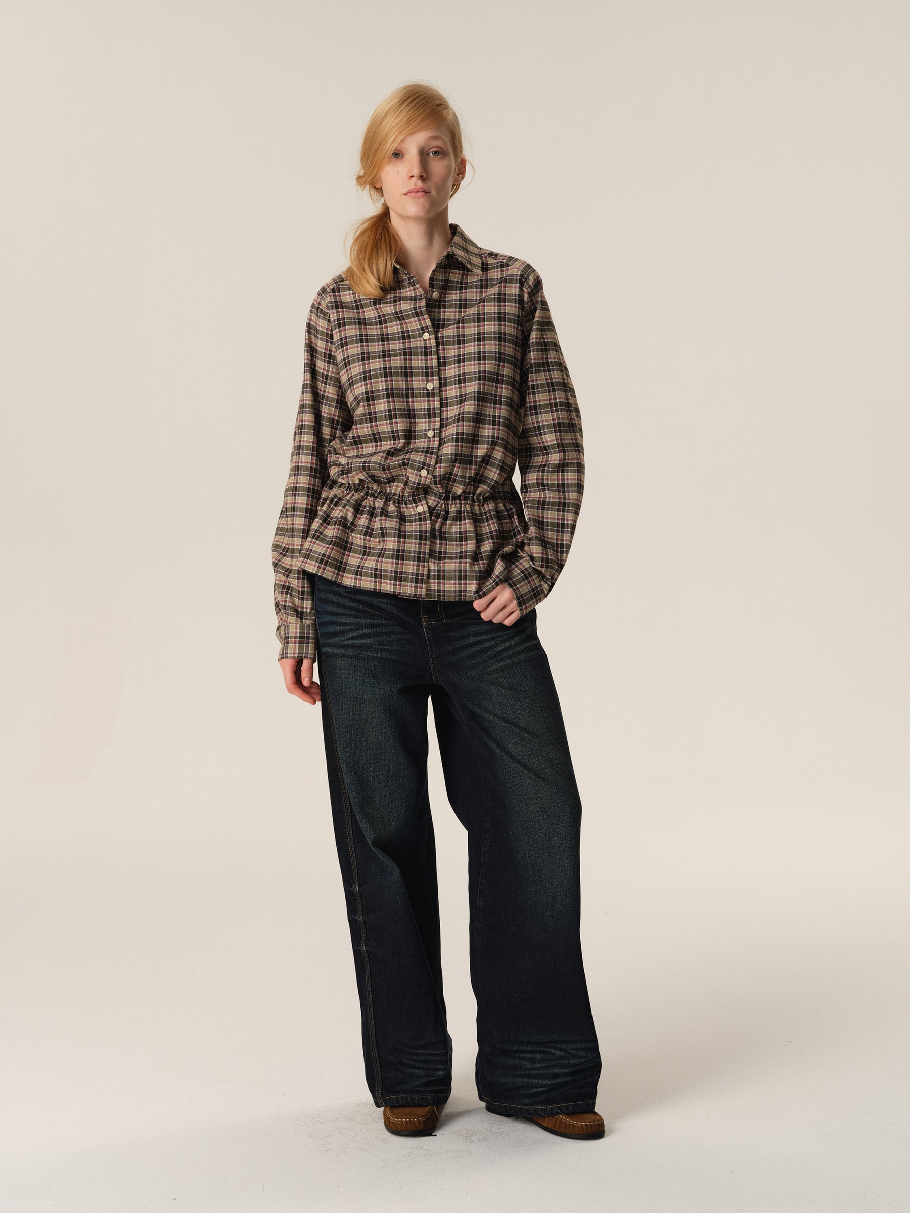 Drawstring Waist Oversized Check Shirt purple check