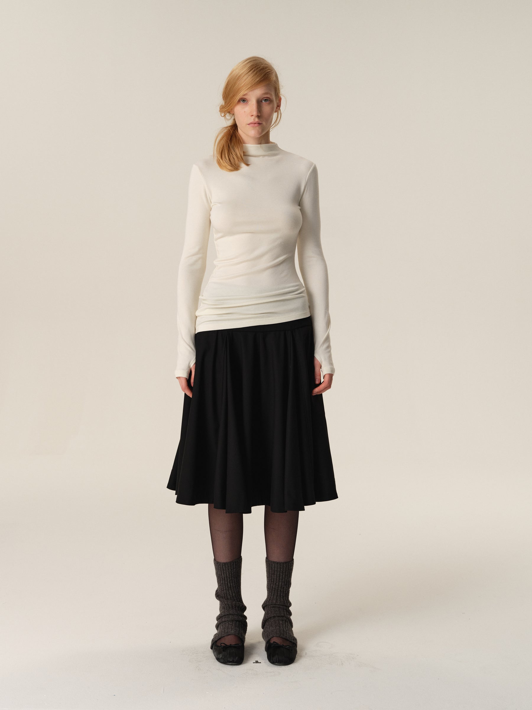Mock Neck Curved Hem Slouchy Long-Sleeve Tee white