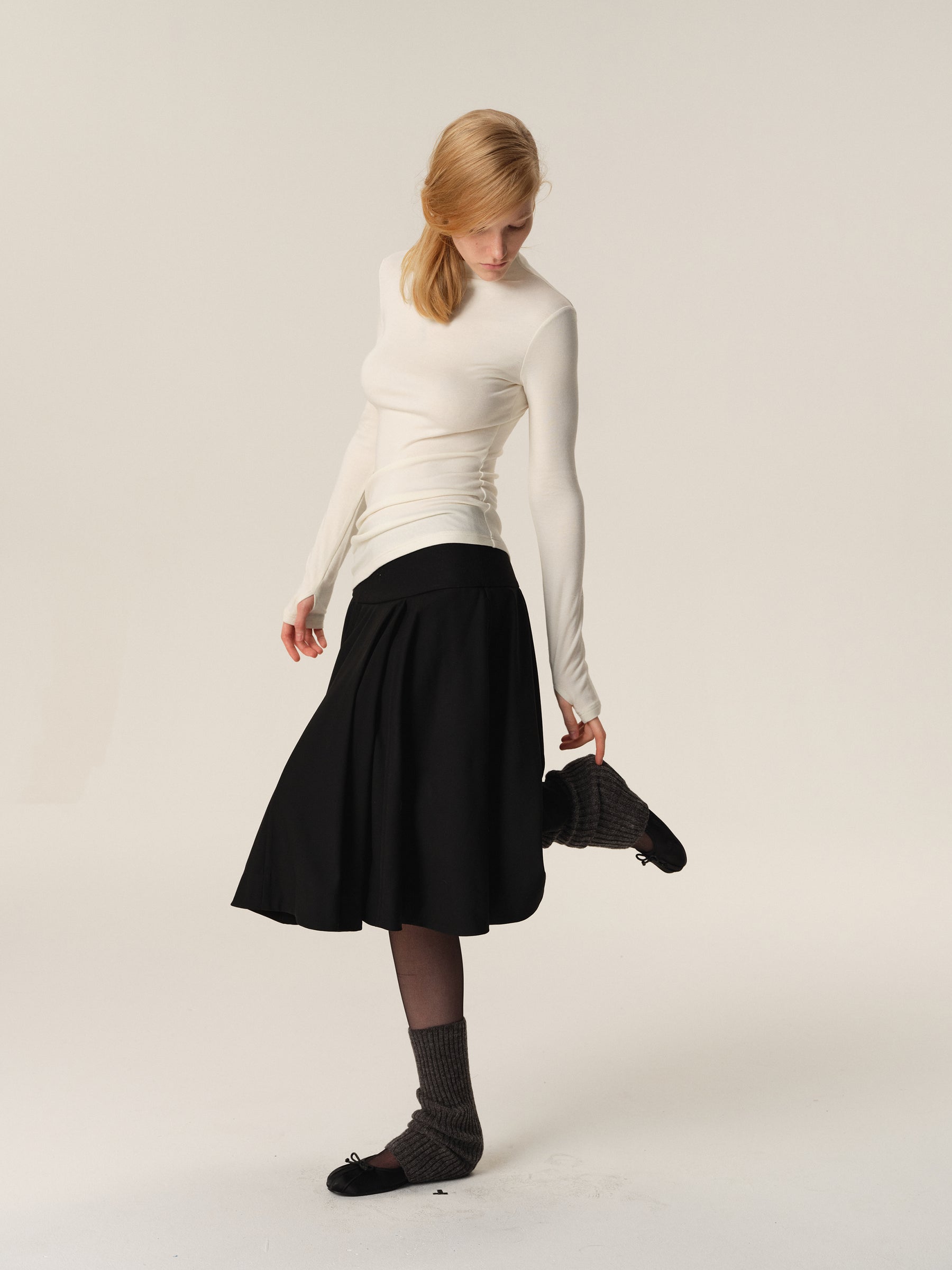 Mock Neck Curved Hem Slouchy Long-Sleeve Tee white