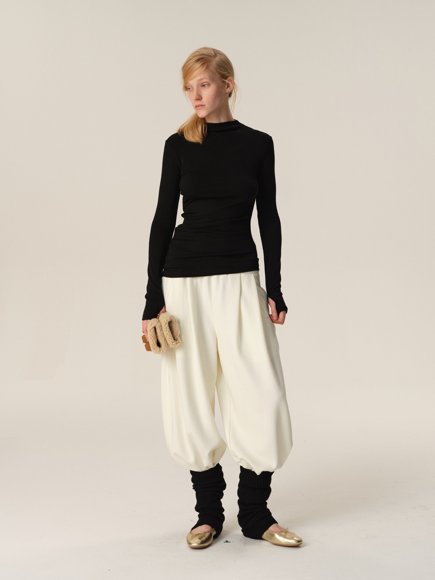 Mock Neck Curved Hem Slouchy Long-Sleeve Tee black