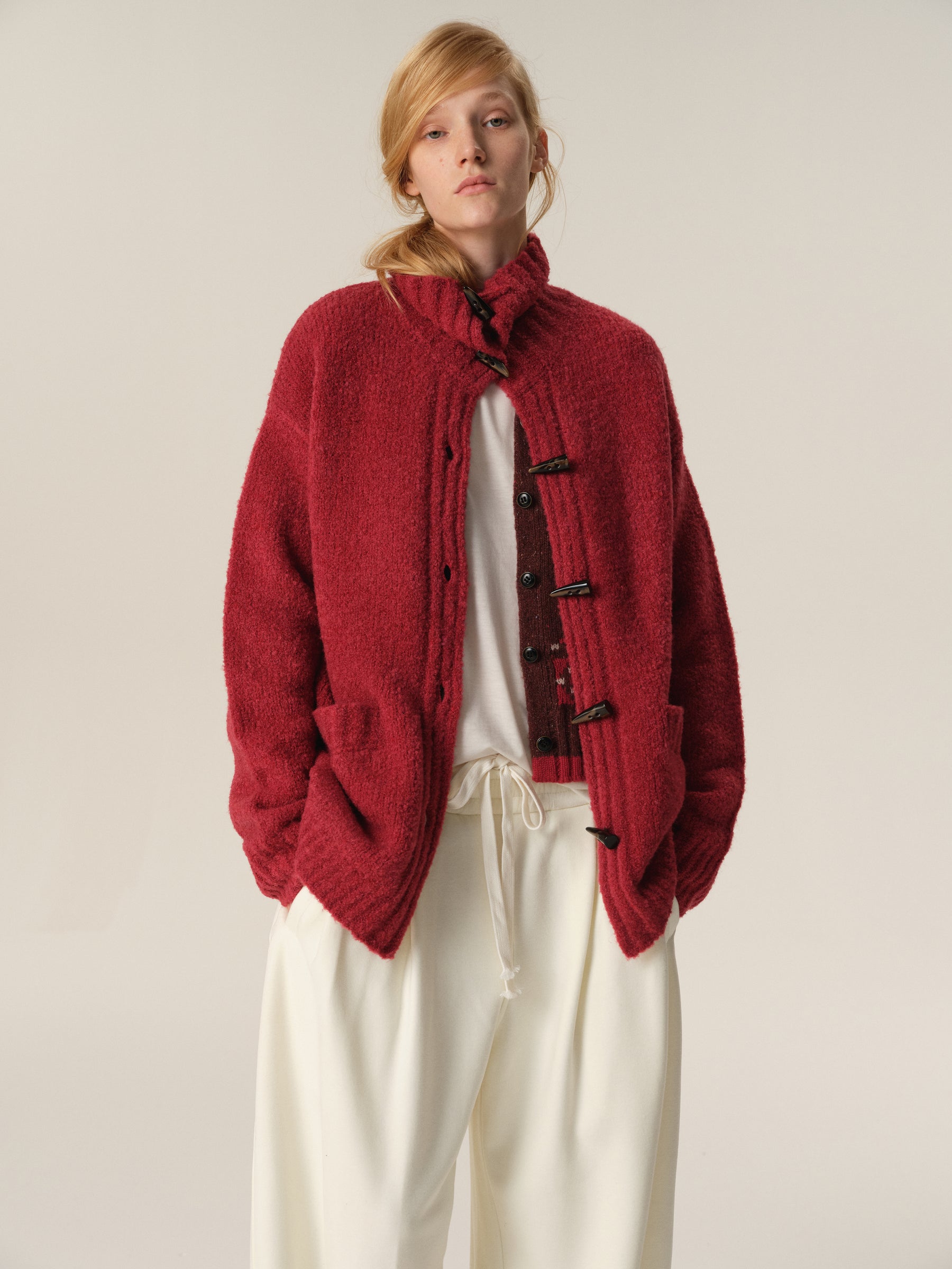 Wool Loop Yarn Mid-Length Toggle Button Cardigan watermelon red