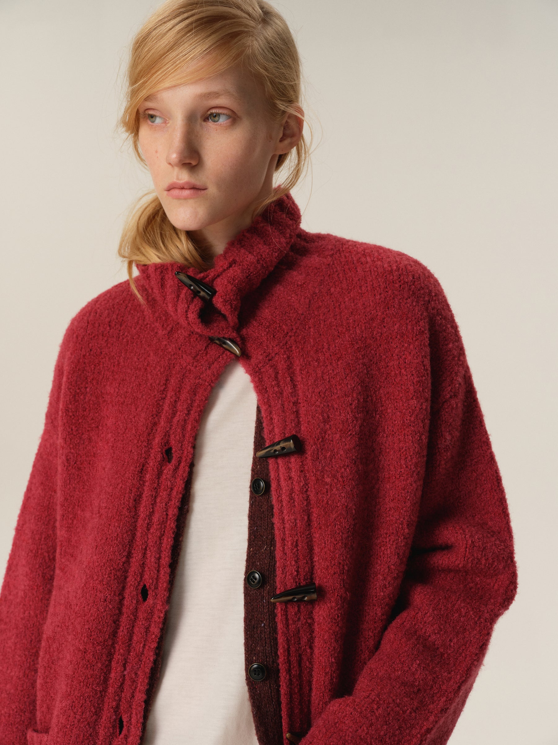 Wool Loop Yarn Mid-Length Toggle Button Cardigan watermelon red