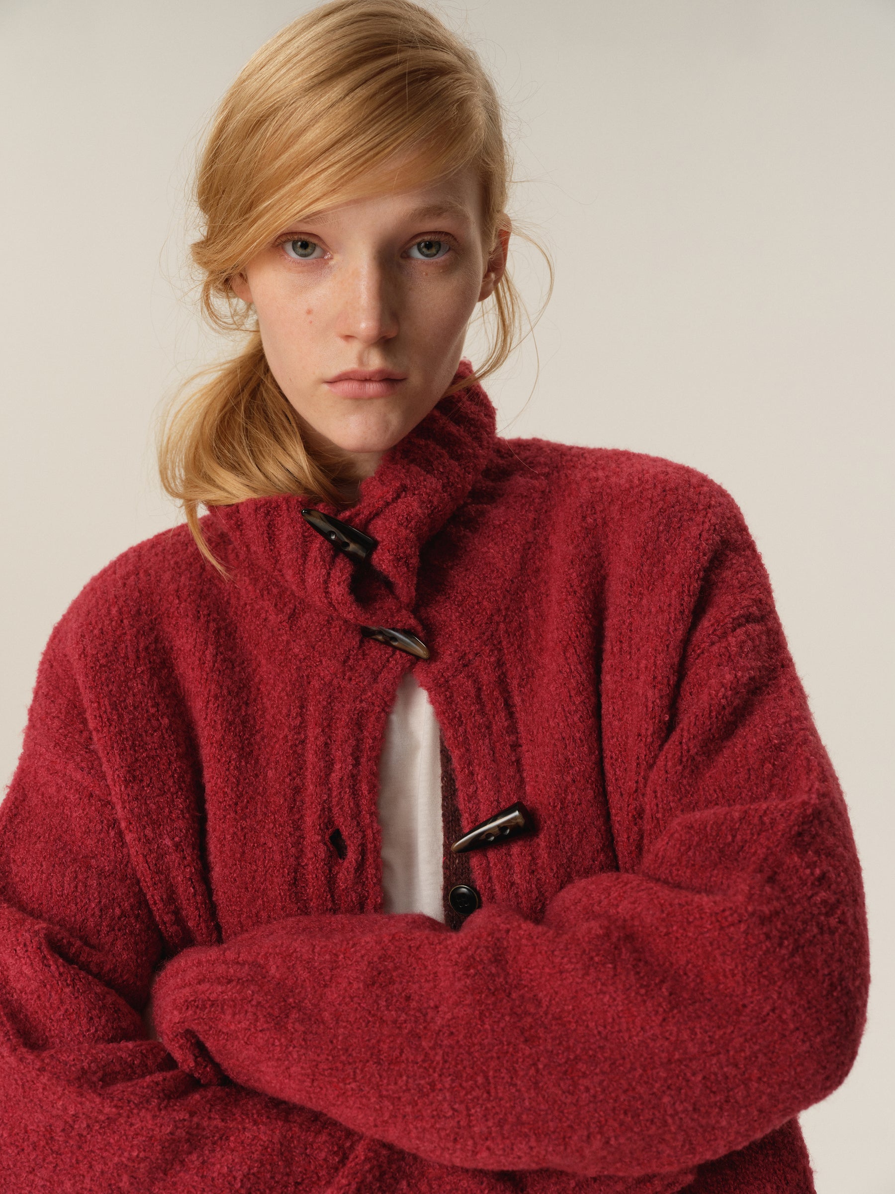 Wool Loop Yarn Mid-Length Toggle Button Cardigan watermelon red