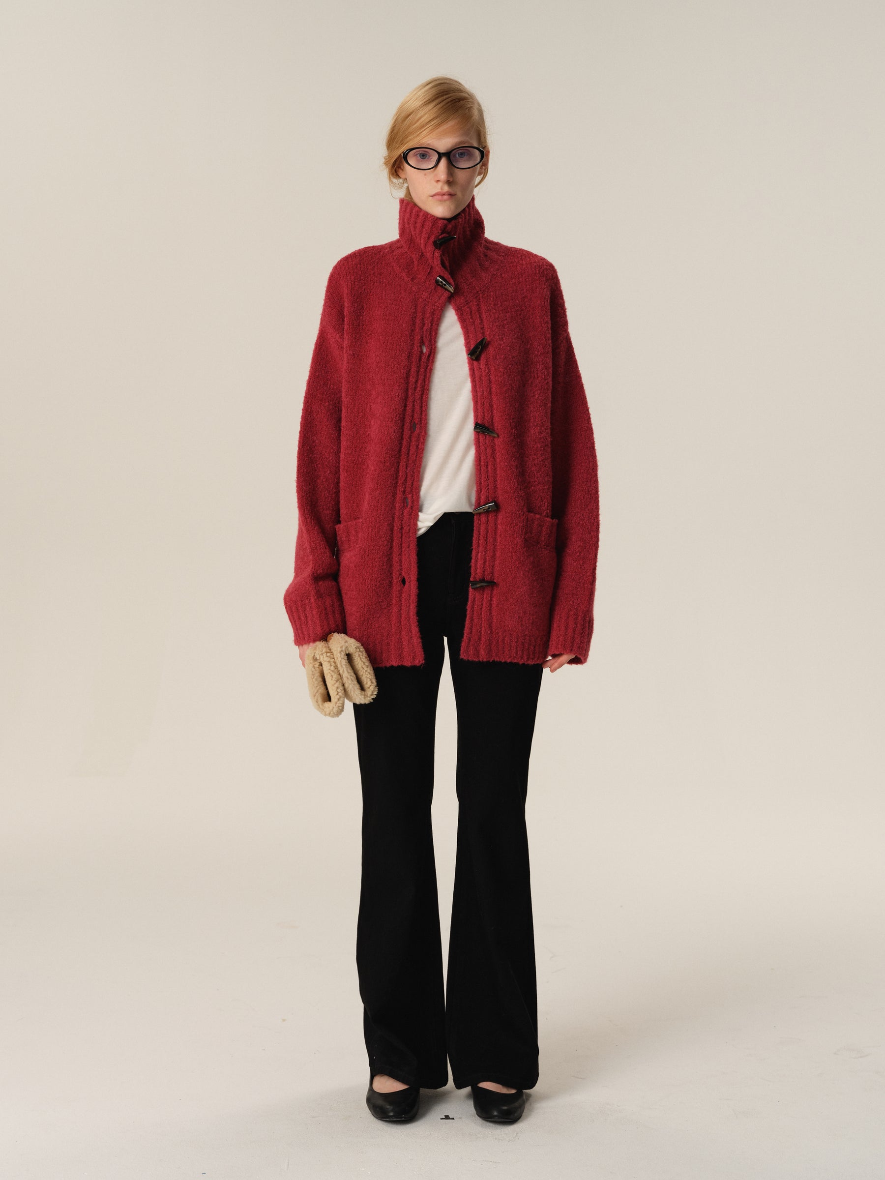 Wool Loop Yarn Mid-Length Toggle Button Cardigan watermelon red