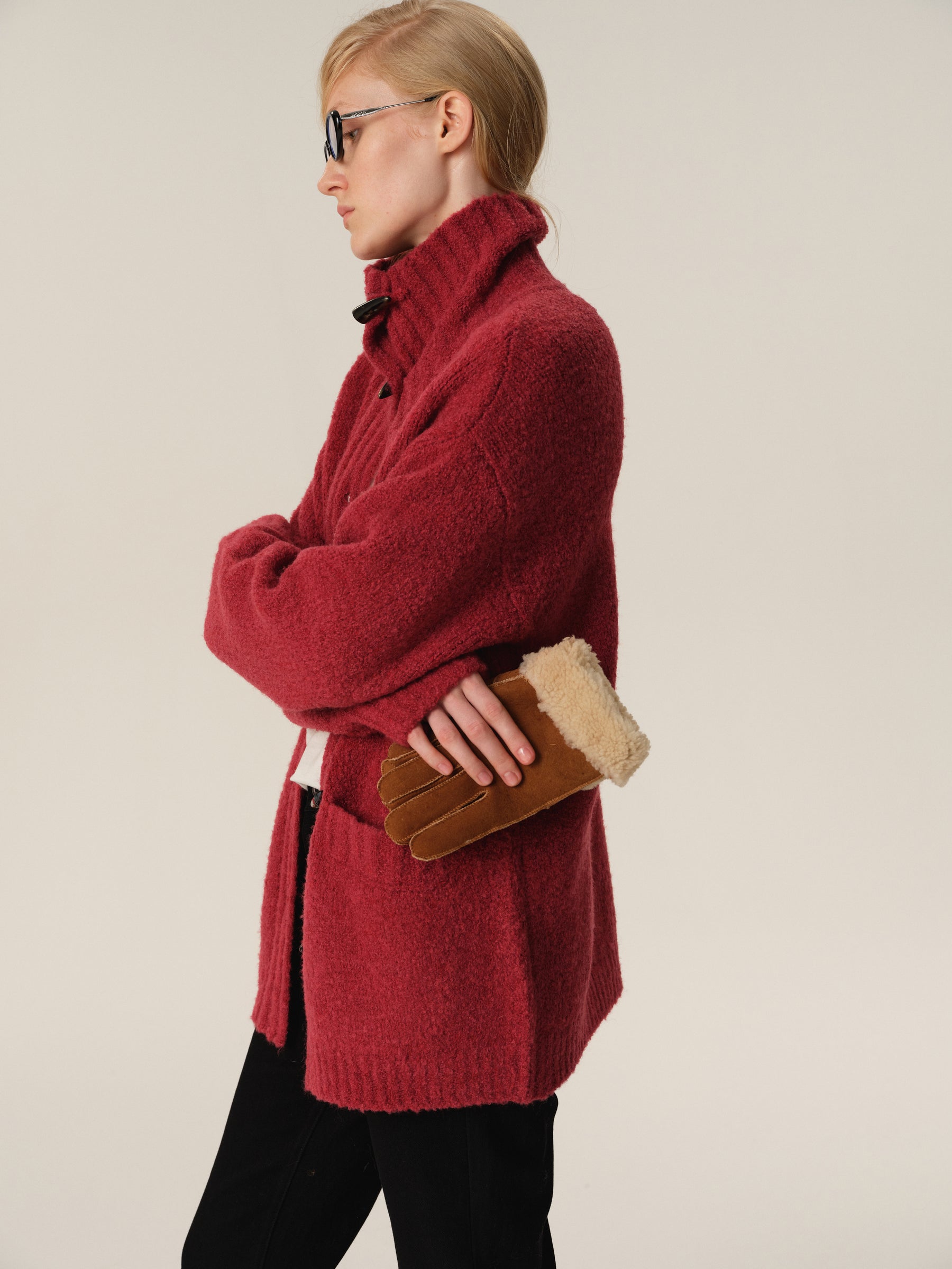 Wool Loop Yarn Mid-Length Toggle Button Cardigan watermelon red