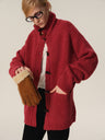 Wool Loop Yarn Mid-Length Toggle Button Cardigan watermelon red
