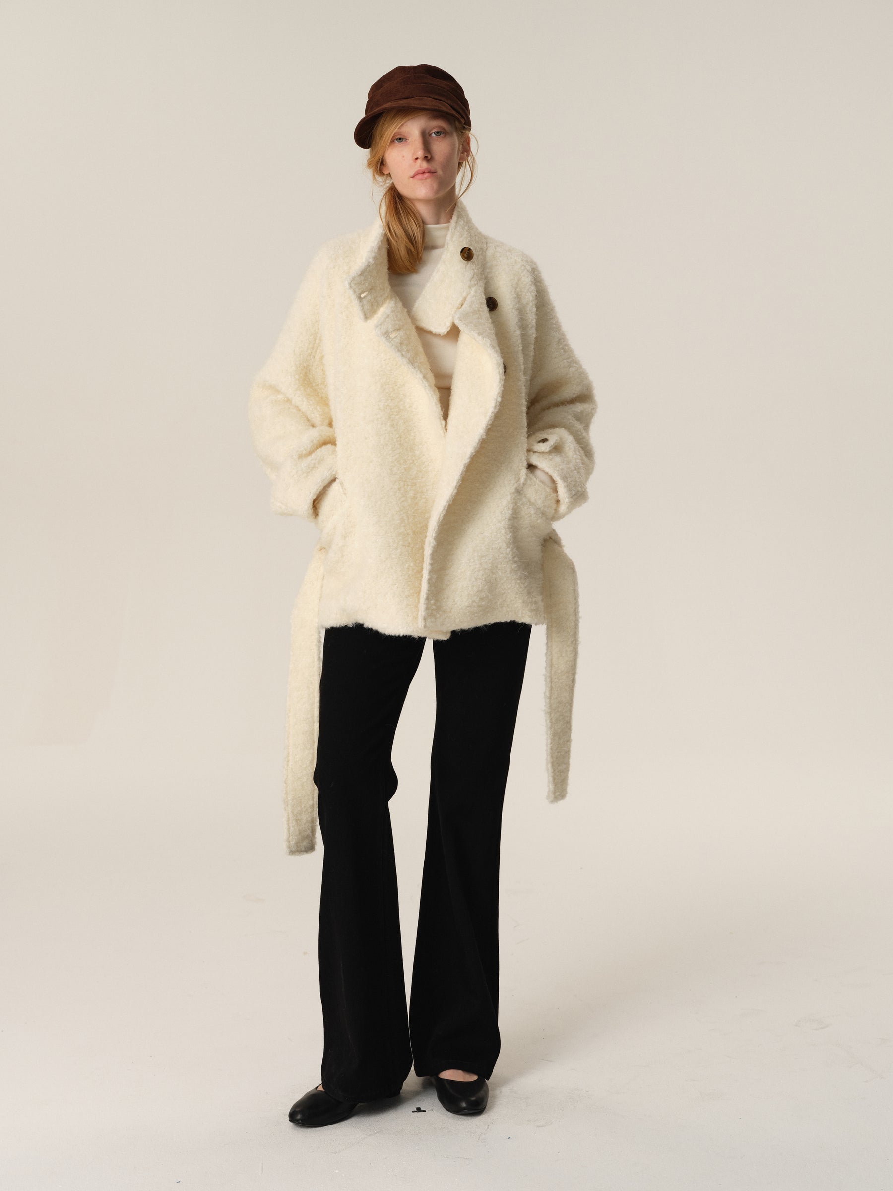 Brushed Wool Puffy Low-Rise Belted Stand Collar Coat off white