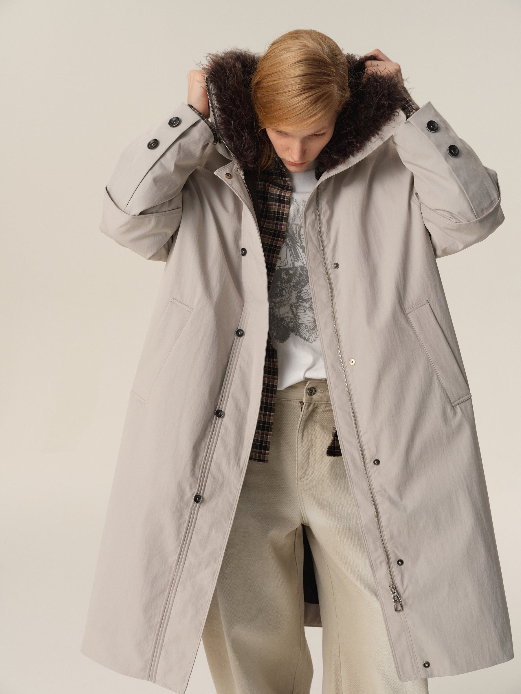 Detachable Fur Hood Utility Long Puffer Coat light gray