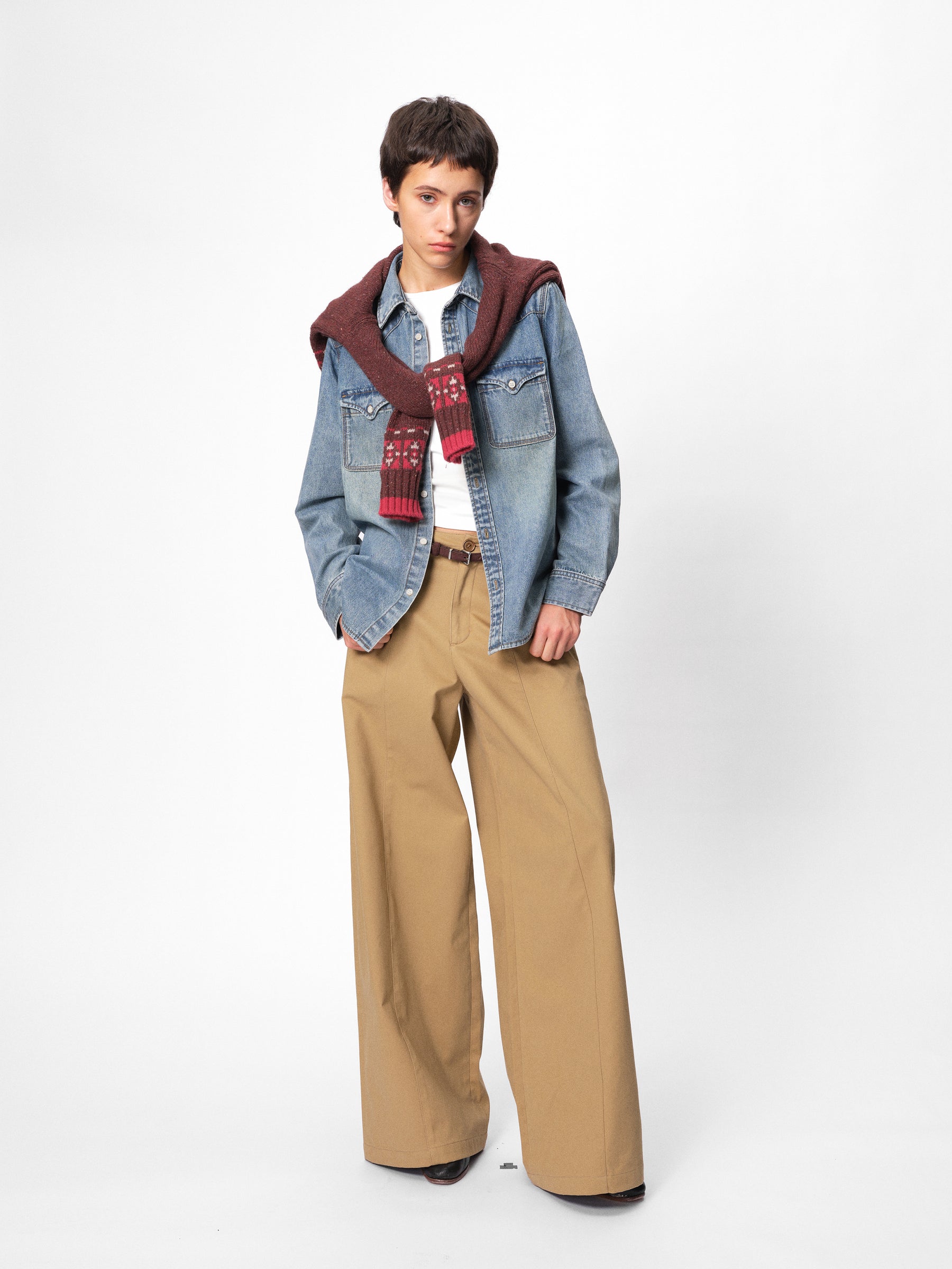 Mid-Low Rise Cotton Structured Wide-Leg Trousers khaki