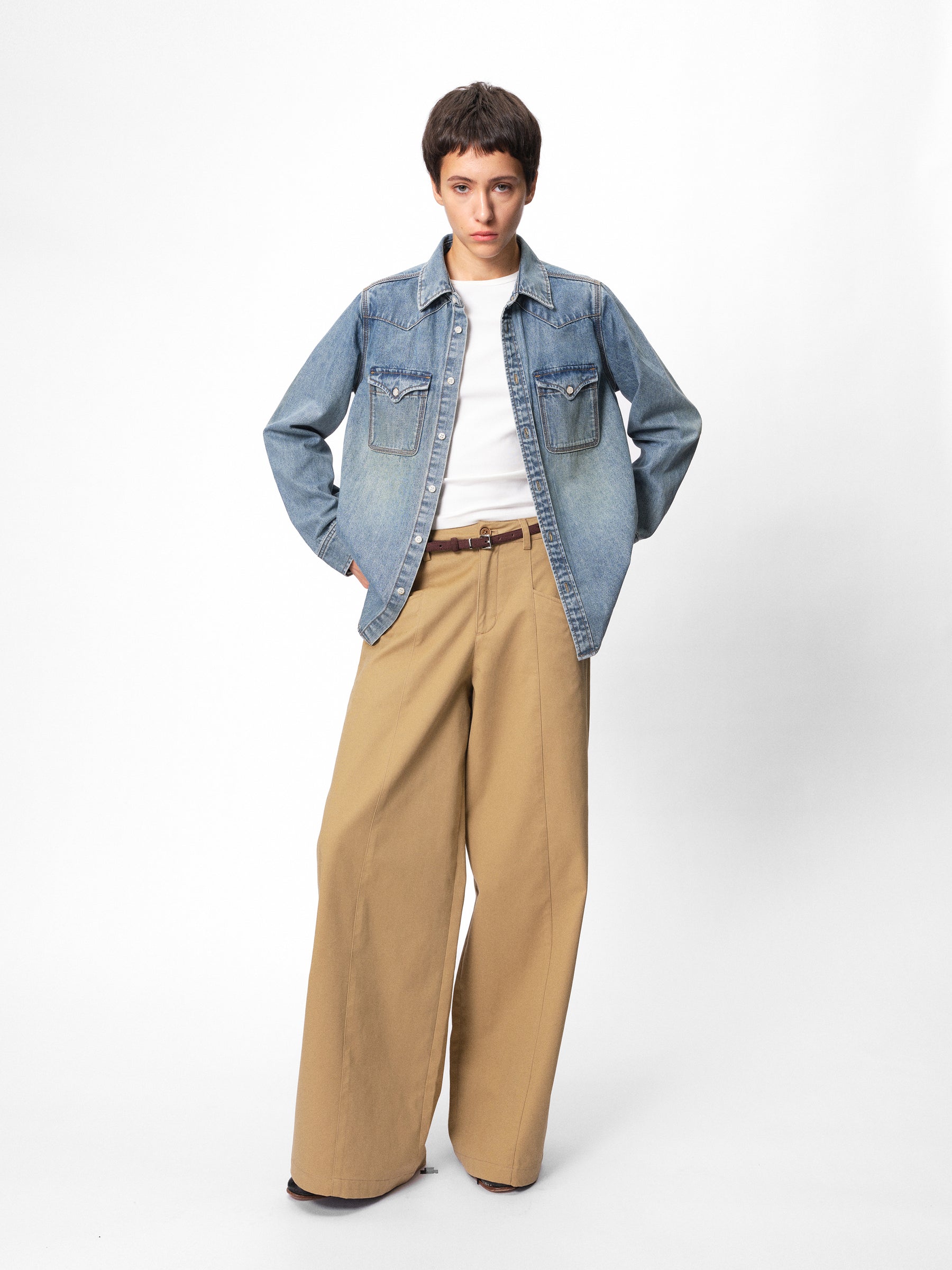 Mid-Low Rise Cotton Structured Wide-Leg Trousers khaki