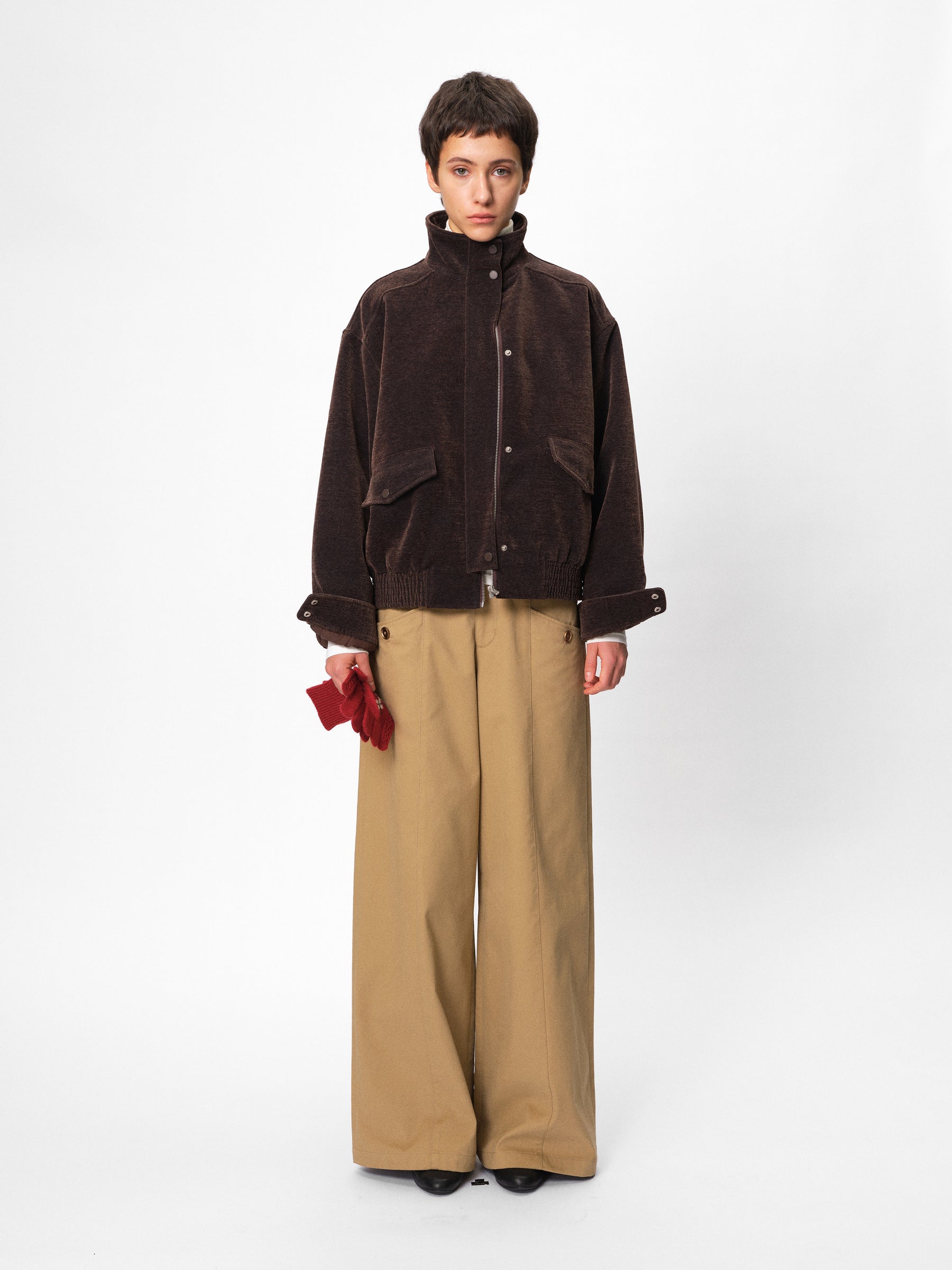 Mid-Low Rise Cotton Structured Wide-Leg Trousers khaki