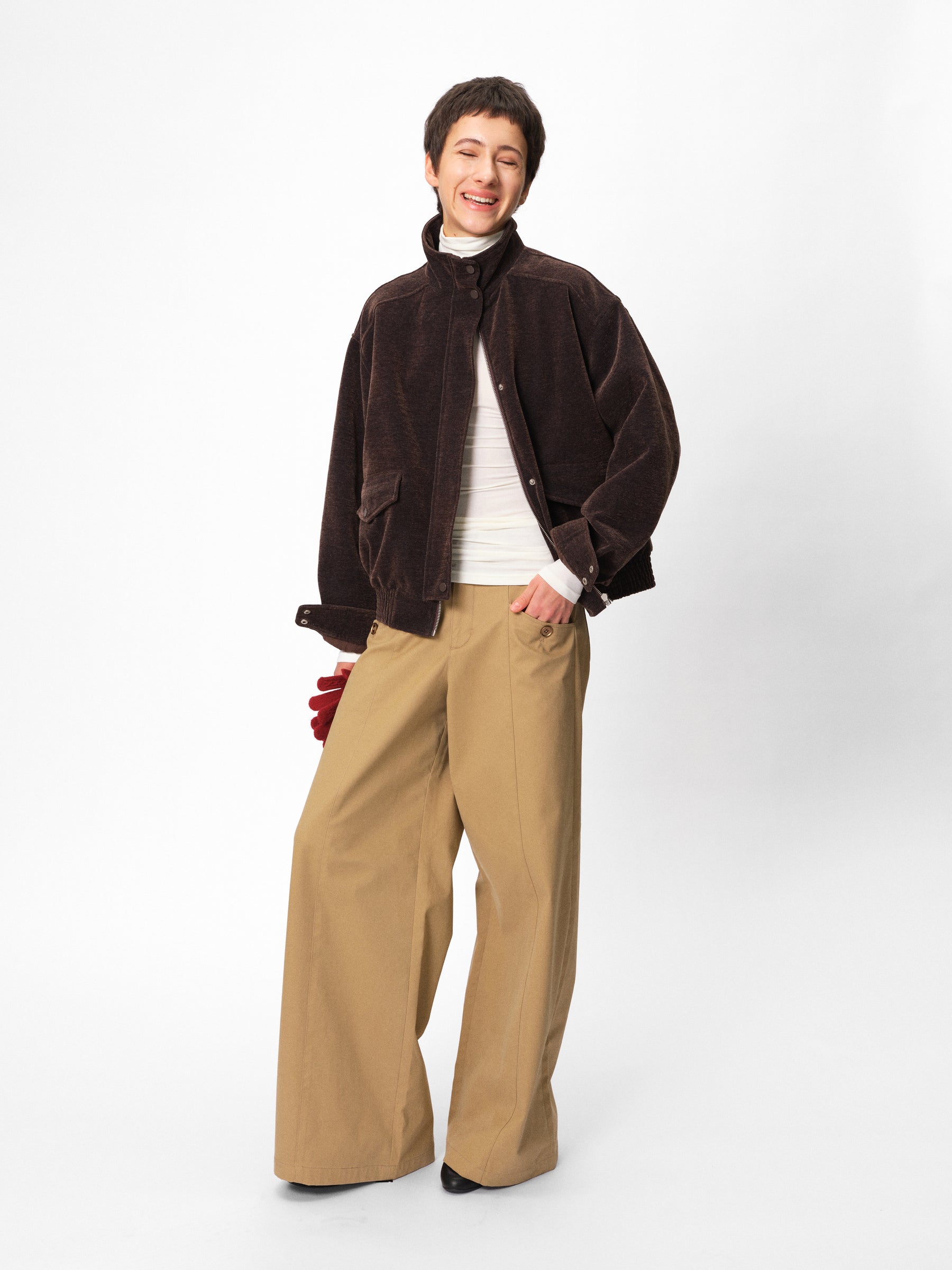 Mid-Low Rise Cotton Structured Wide-Leg Trousers khaki