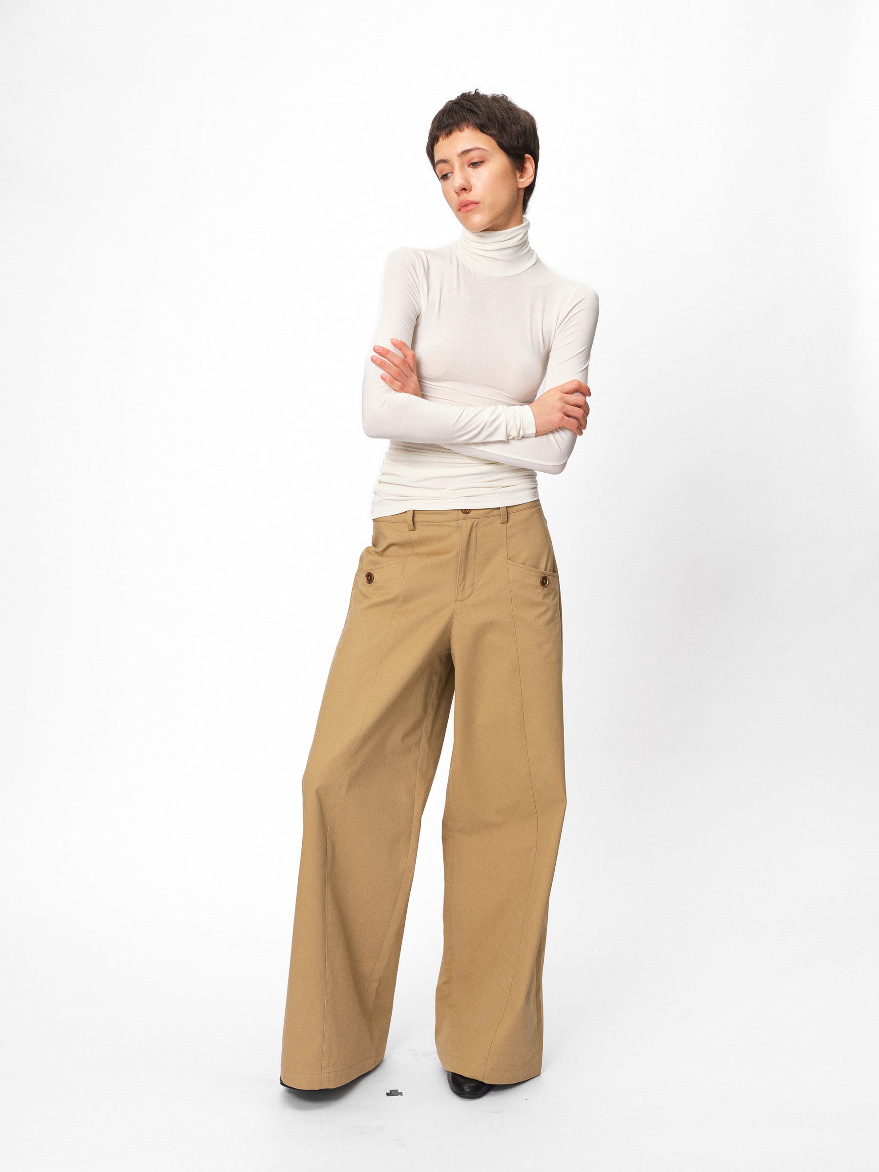 Mid-Low Rise Cotton Structured Wide-Leg Trousers khaki