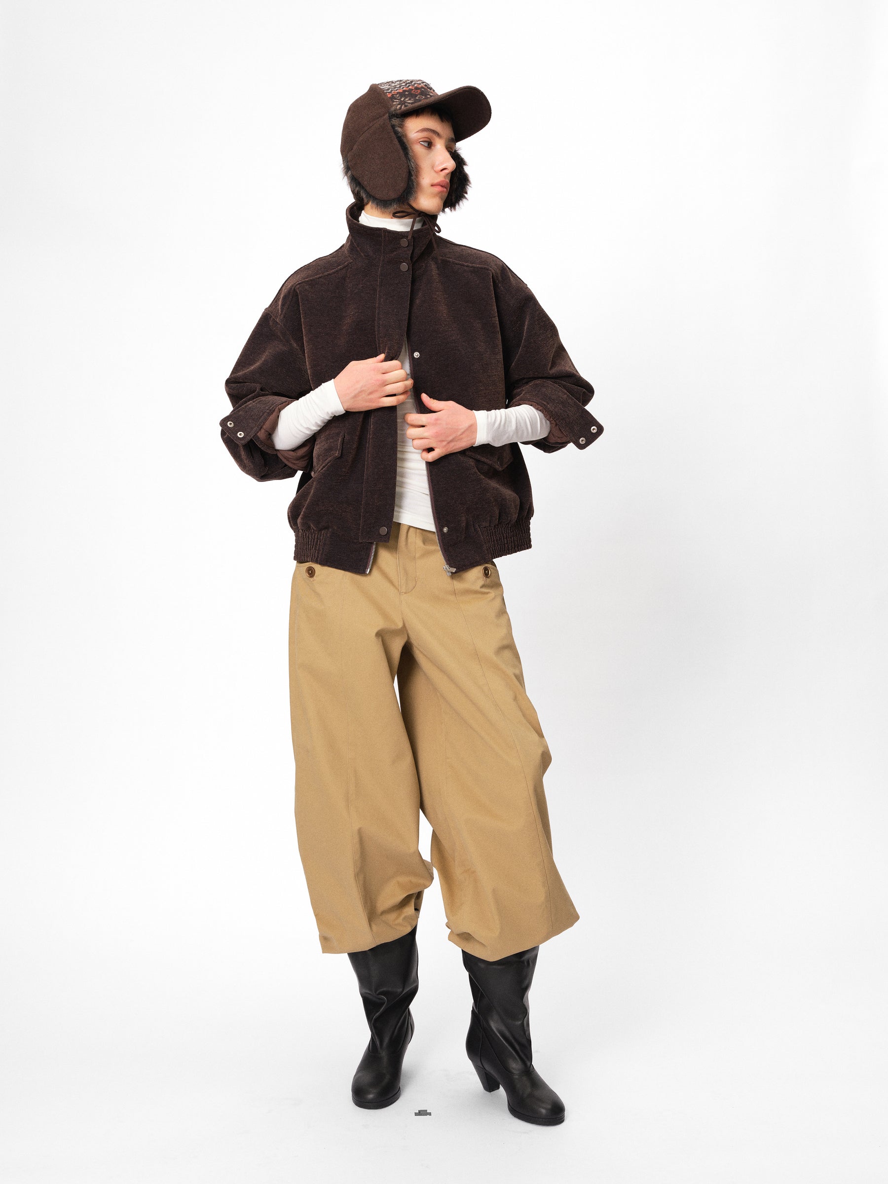 Mid-Low Rise Cotton Structured Wide-Leg Trousers khaki