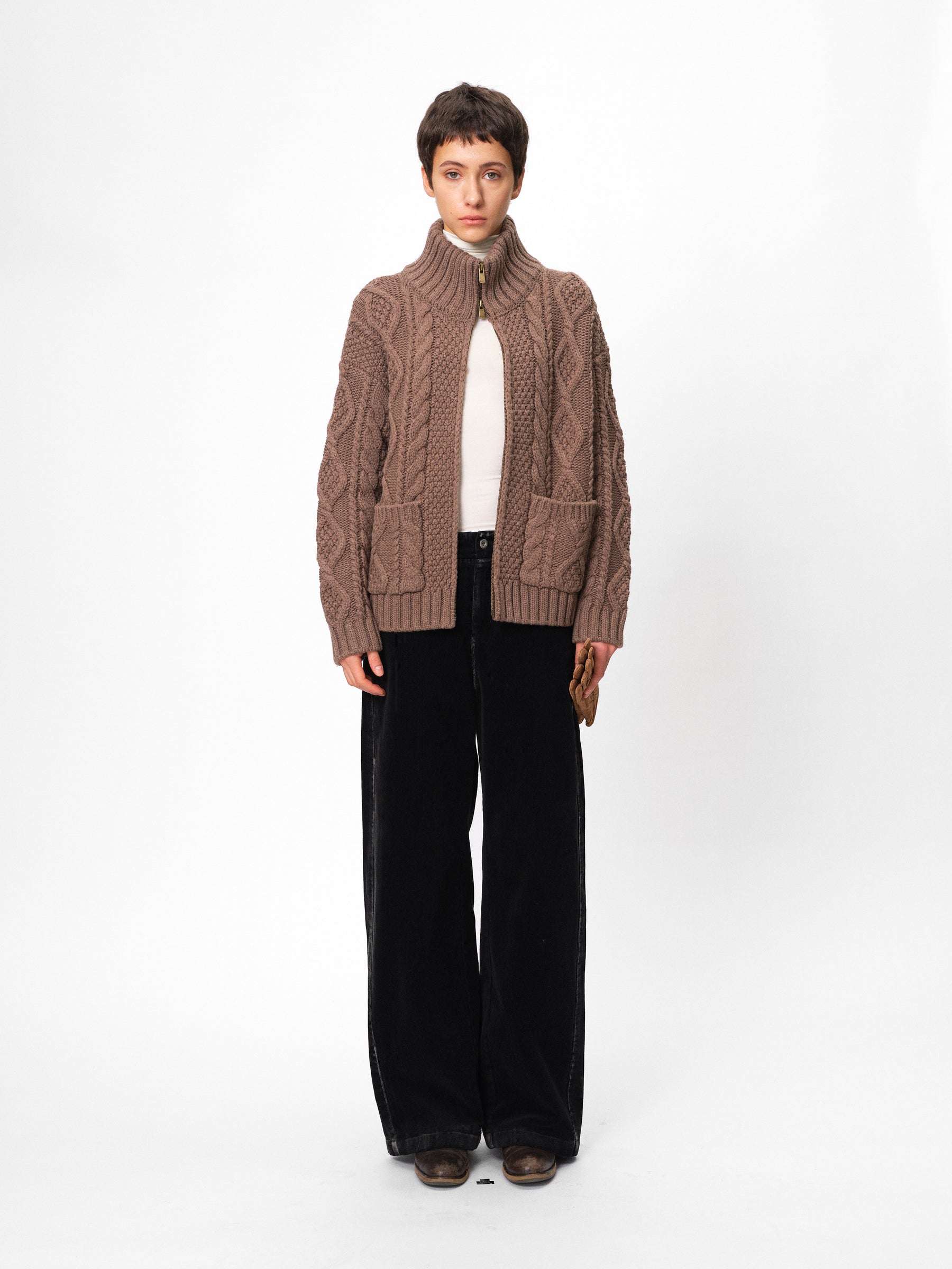 Wool Stand Collar Cable Knit Zip-Front Sweater Coat mocha marle