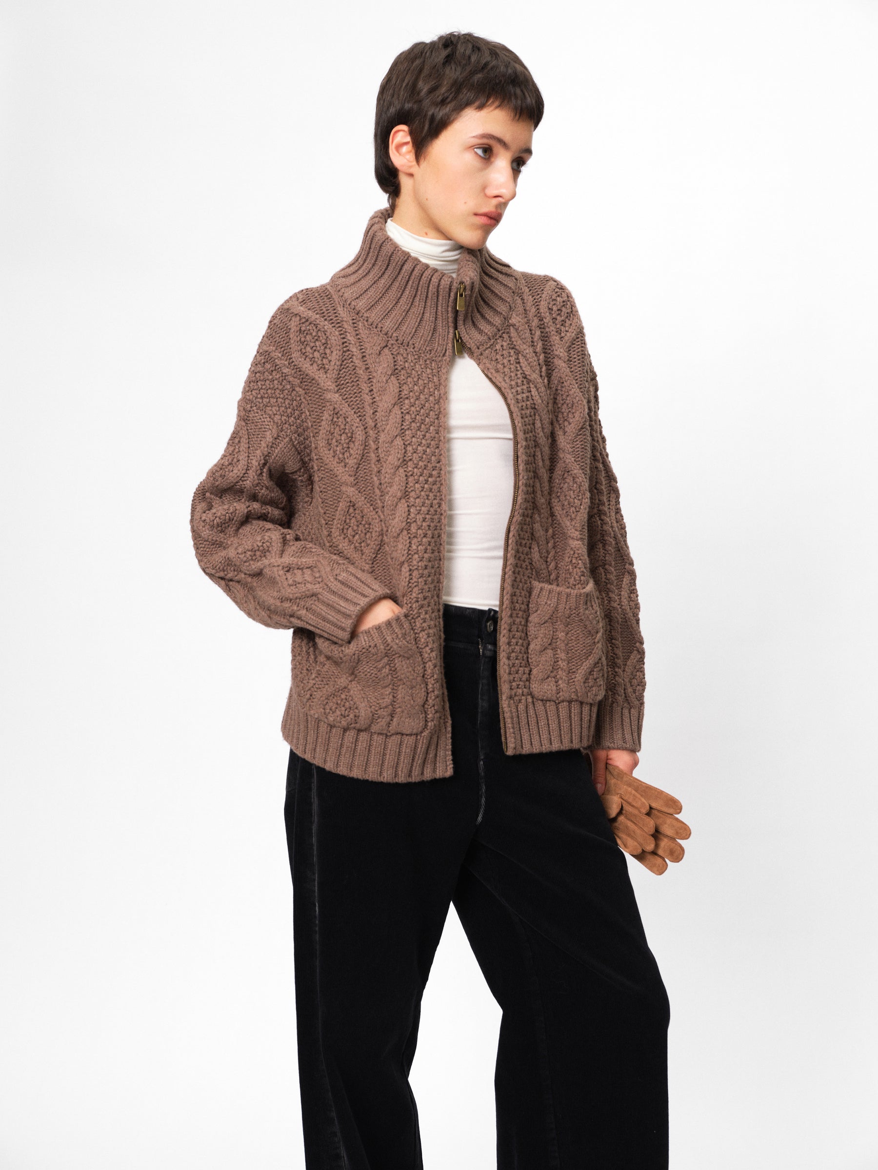 Wool Stand Collar Cable Knit Zip-Front Sweater Coat mocha marle