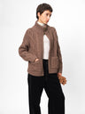 Wool Stand Collar Cable Knit Zip-Front Sweater Coat mocha marle