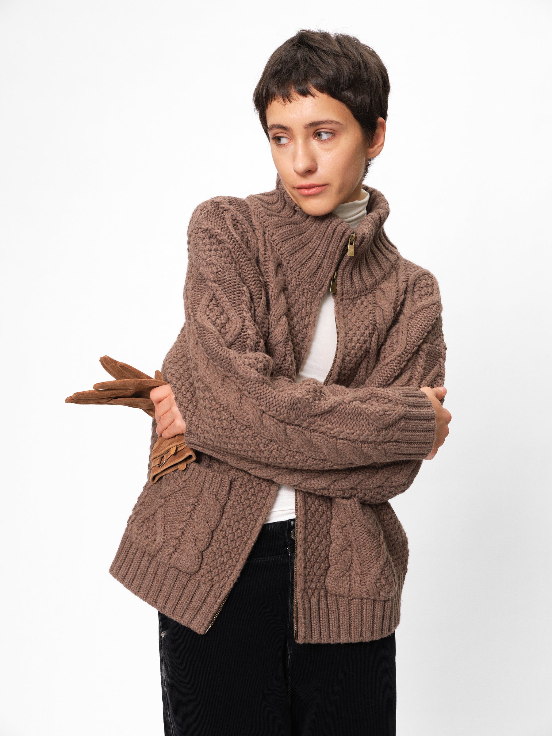 Wool Stand Collar Cable Knit Zip-Front Sweater Coat mocha marle