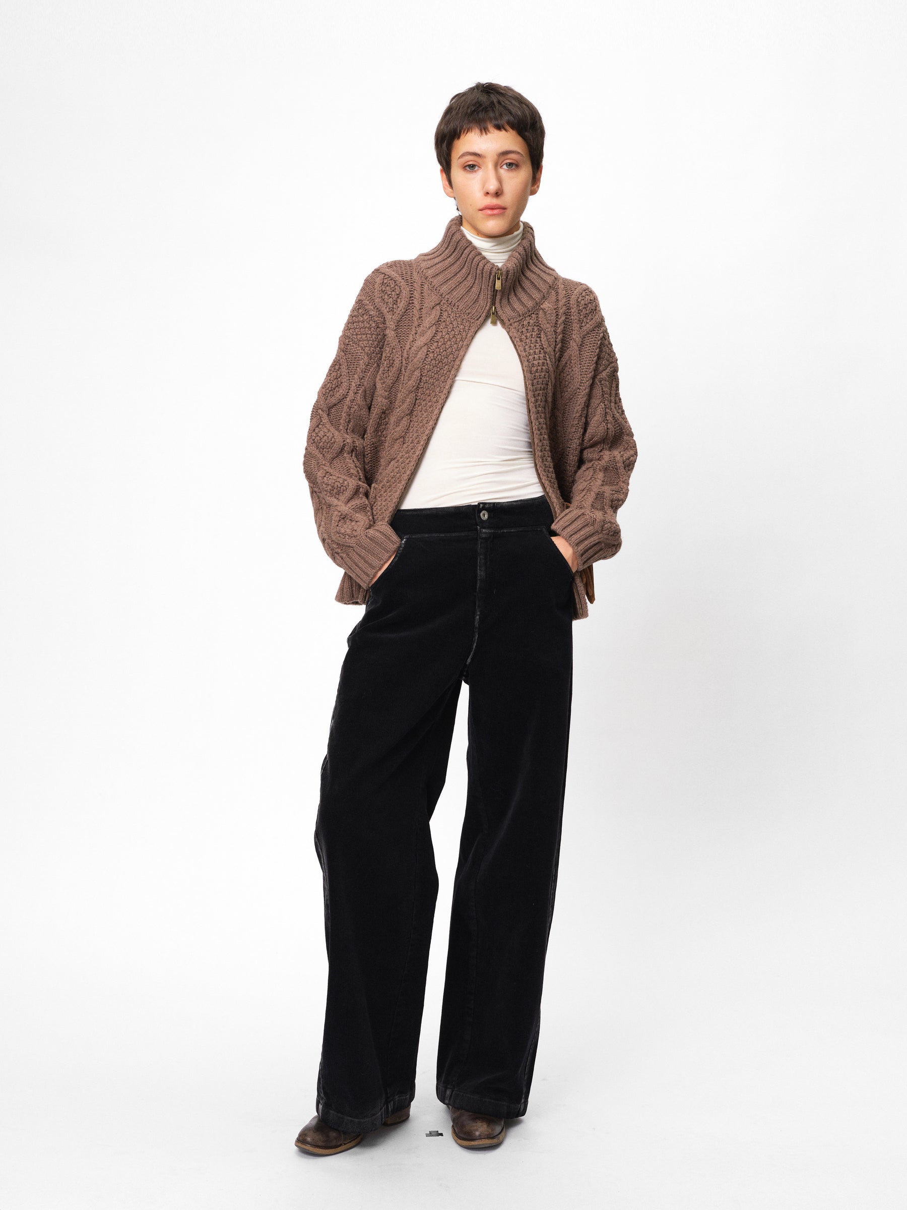 Wool Stand Collar Cable Knit Zip-Front Sweater Coat mocha marle