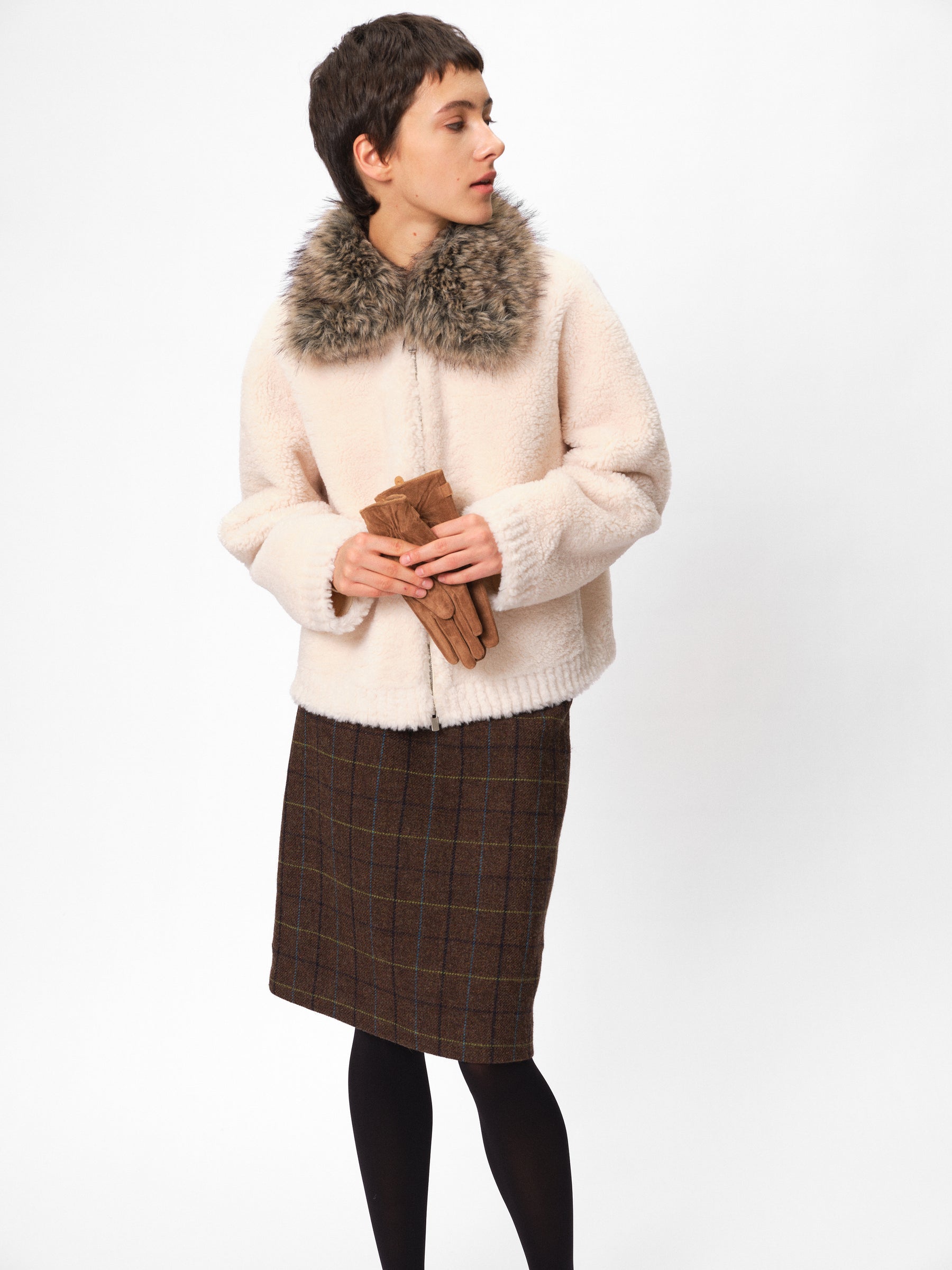 Detachable Faux Fur Collar Shearling Jacket cream