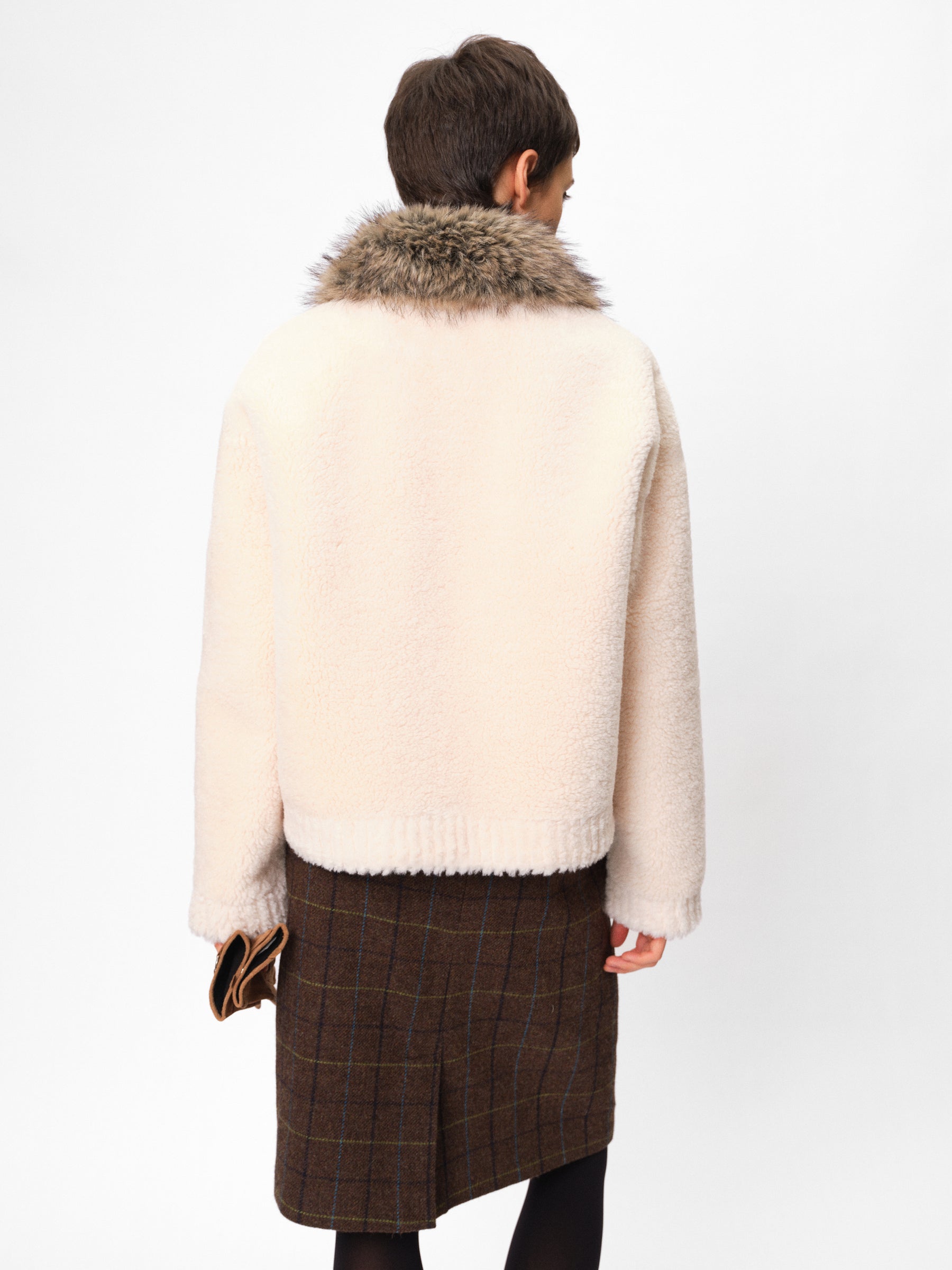 Detachable Faux Fur Collar Shearling Jacket cream