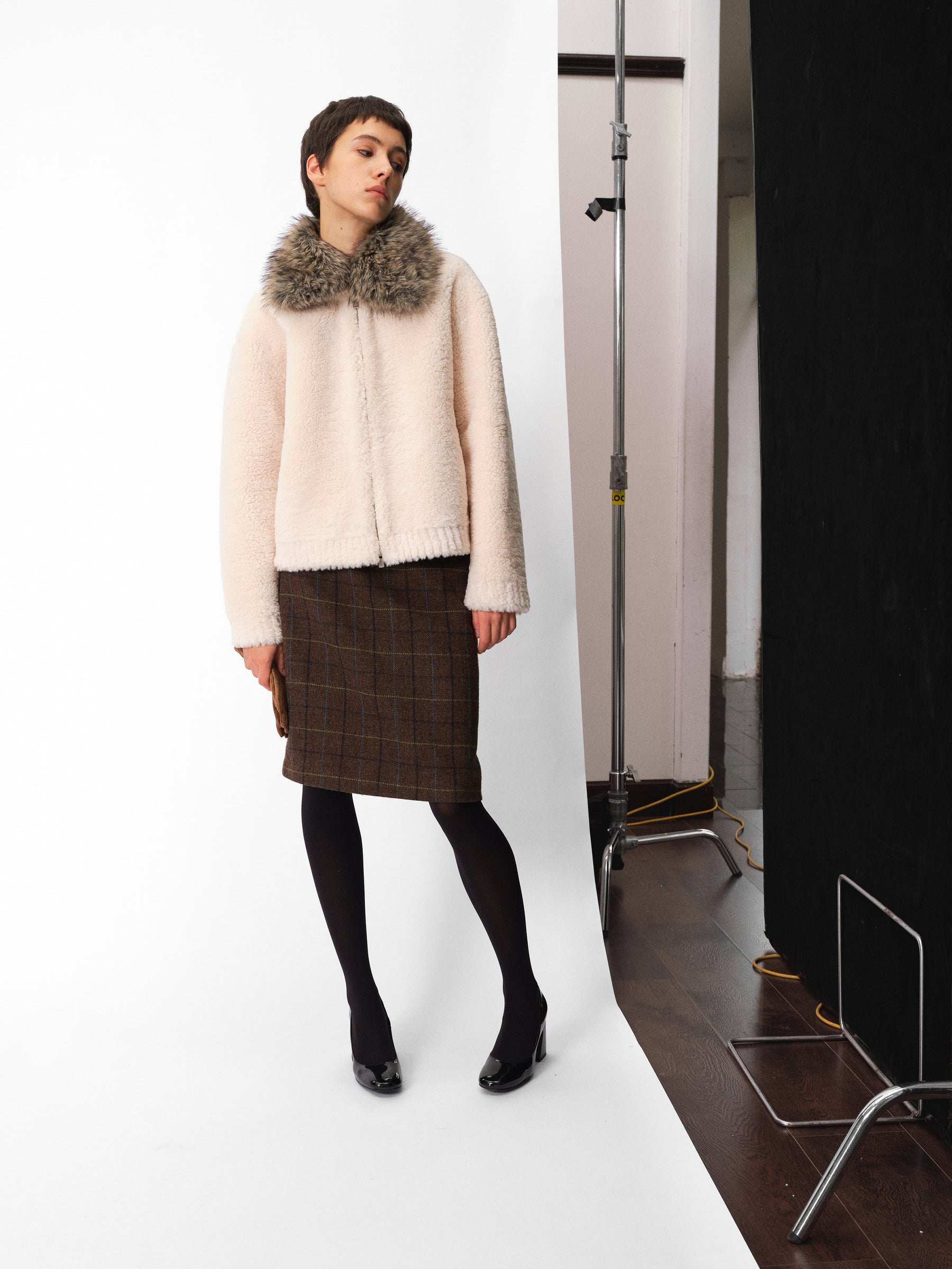 Detachable Faux Fur Collar Shearling Jacket cream